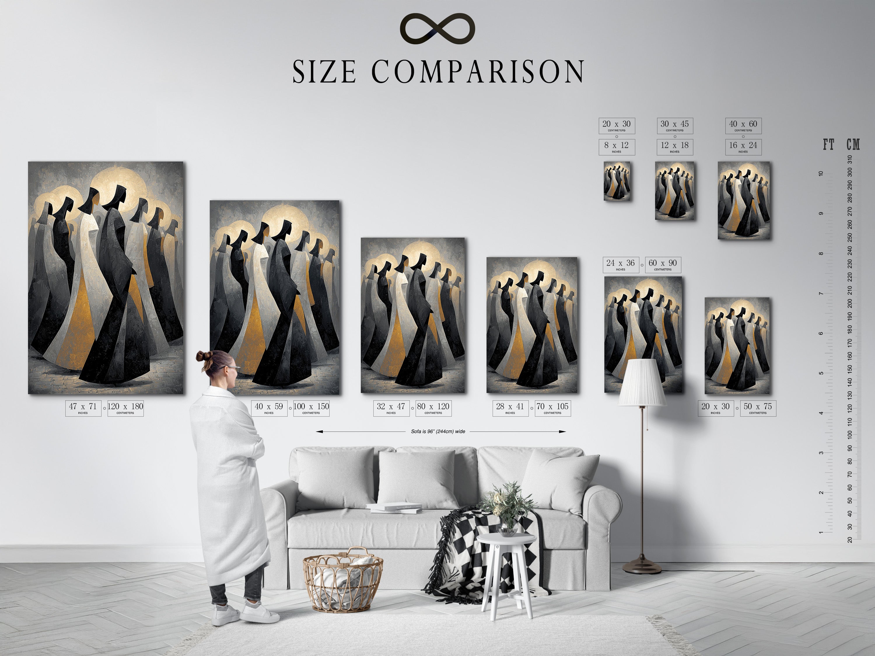 Size comparison chart of the abstract hooded figures art. See the artwork displayed in an interior setting. Visualize the perfect size for your space. Choose the ideal dimensions for your wall art.