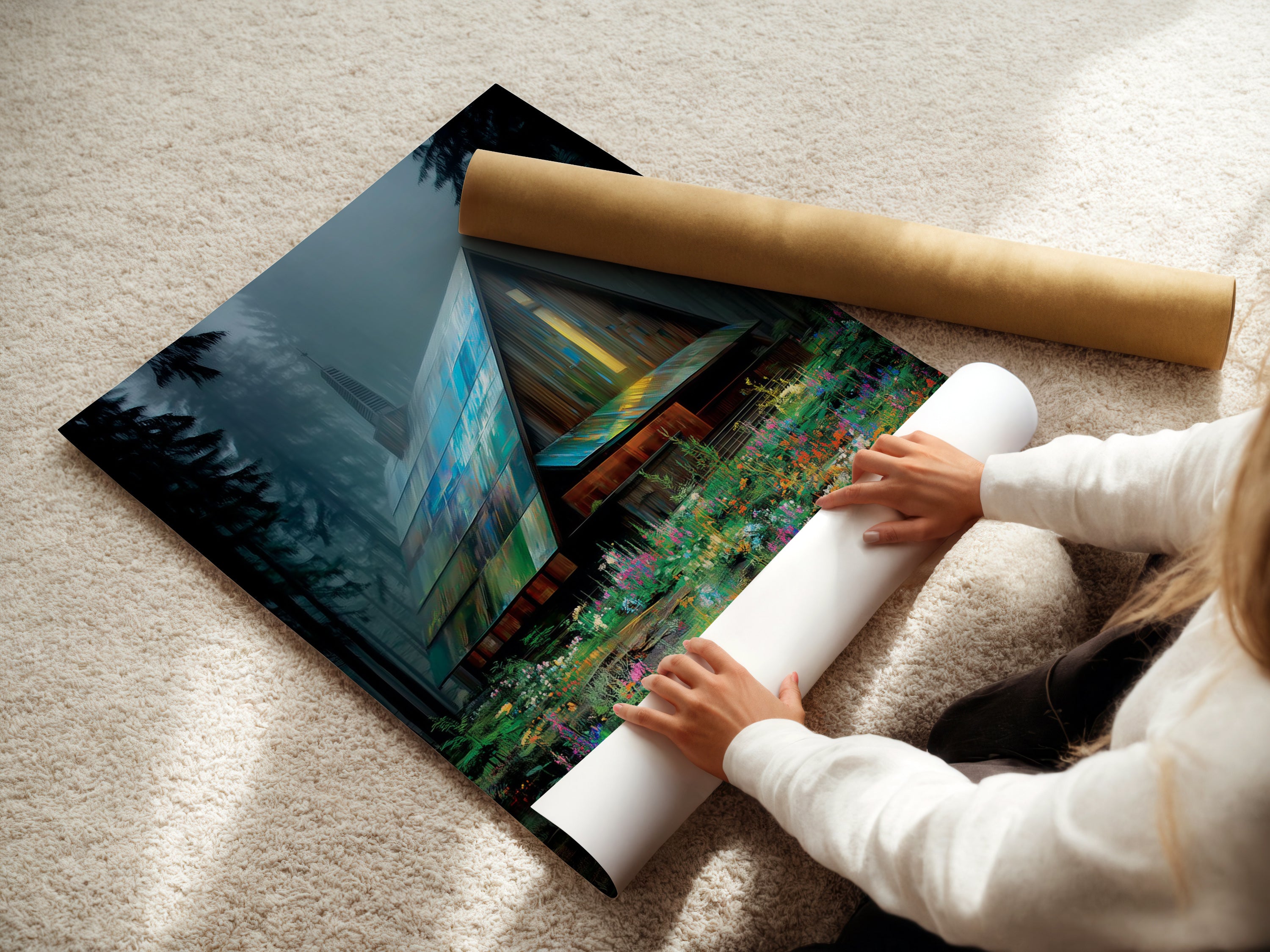 This is a woman rolling a fine art poster paper. She is preparing a cabin in the woods artwork. This poster is perfect for adding a nature-inspired touch. Enhance your cabin decor with this woodland artwork.