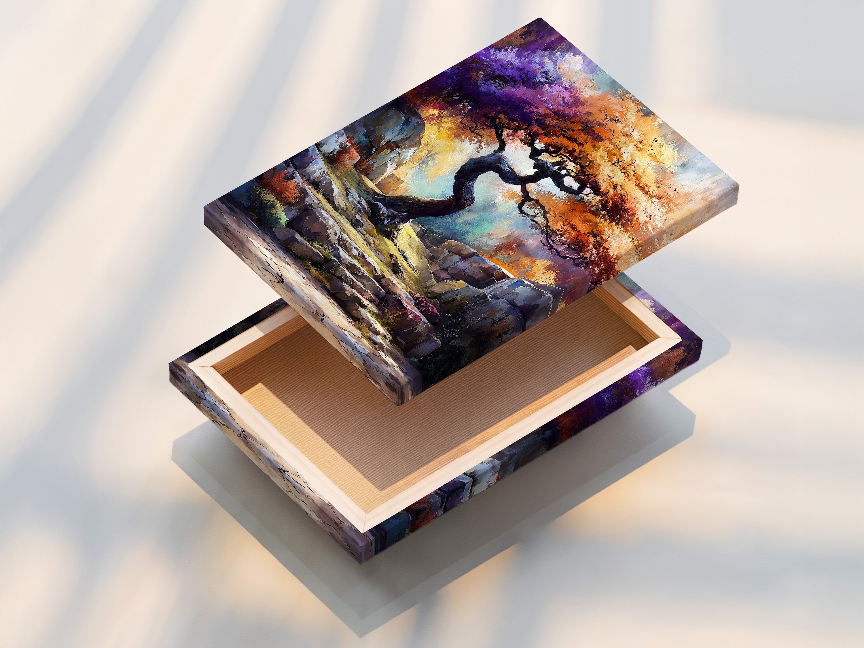 A stretched canvas print shows the mystical tree artwork. This fantasy landscape is ready to hang. The colorful nature artwork is perfect for any room. This artwork brings a vibrant touch to your walls.