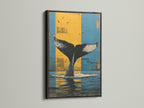 Whale Tail art in a black frame. This contemporary art piece shows a whale tail. The artwork is set against blue and yellow tones. This ocean canvas is great for any room. Add a nautical theme with this marine life print.