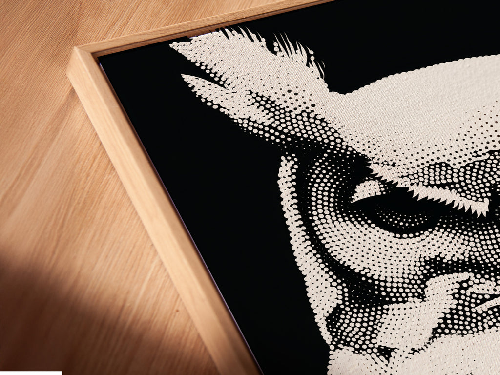 A close up angled view displays a canvas print in a floating frame. The owl artwork is a focal point. The black and white wildlife art is showcased elegantly. The modern dotted bird canvas adds depth to the space. It is perfect for minimalist and contemporary decor.