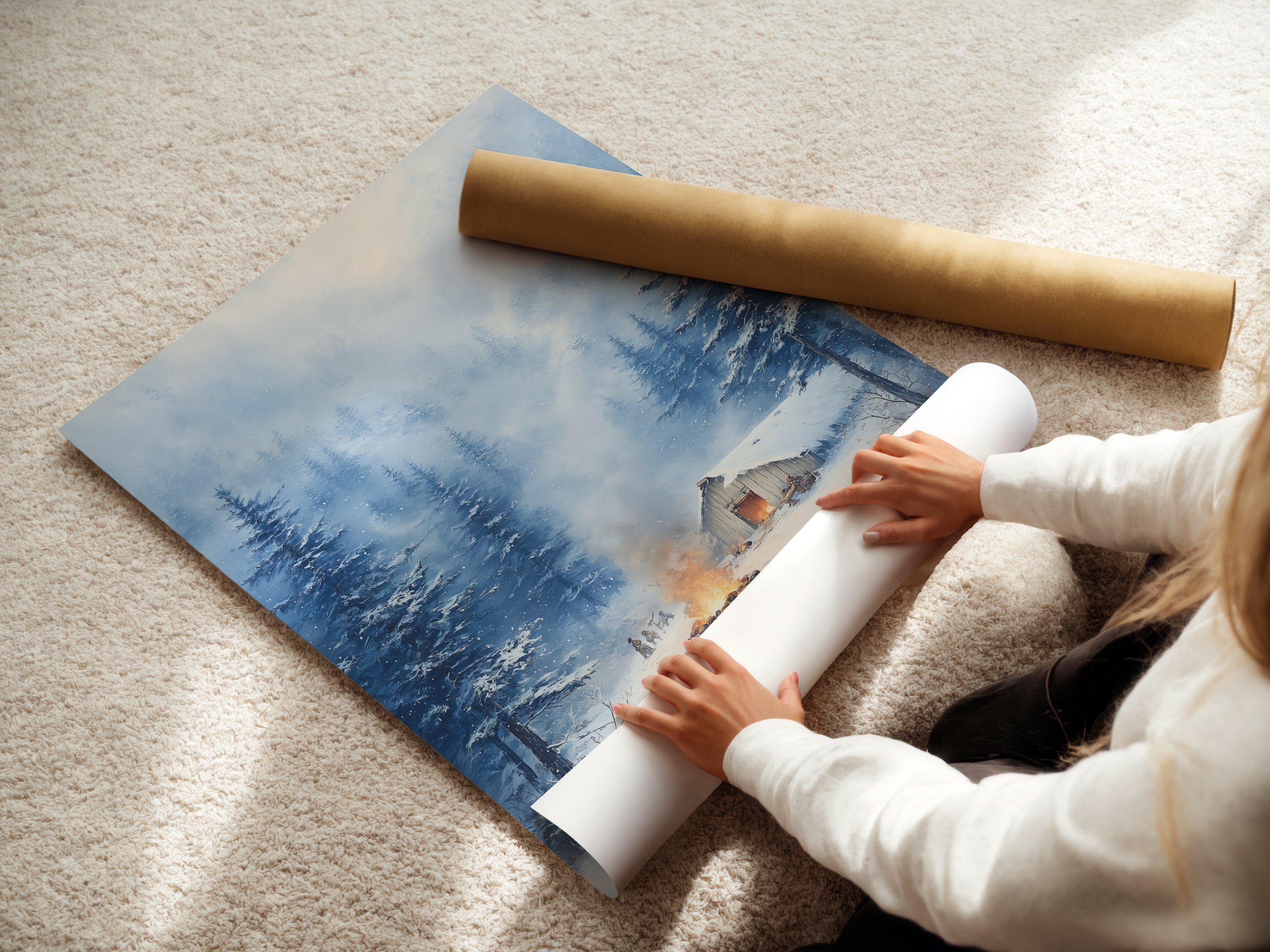 Woman rolling a fine art poster paper. Explore our fine art poster paper options for winter cabin art. Perfect for renters wanting rustic wall decor. Get your winter wonderland artwork today.