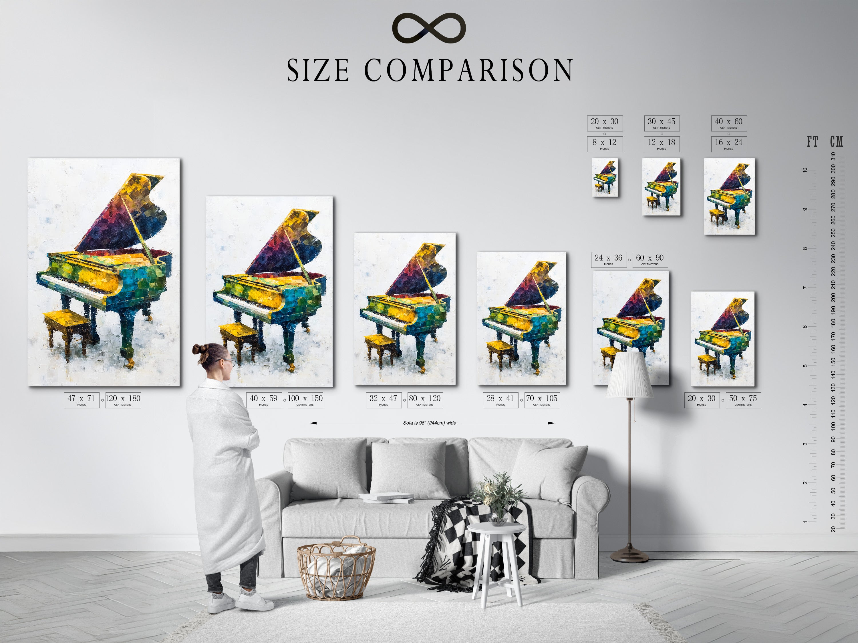 A size comparison chart is displayed in an interior setting. It shows the scale of a colorful piano artwork. Visualize how this abstract music canvas wall art fits in your space. Perfect for planning music room decor or selecting a musician gift. Get inspired.
