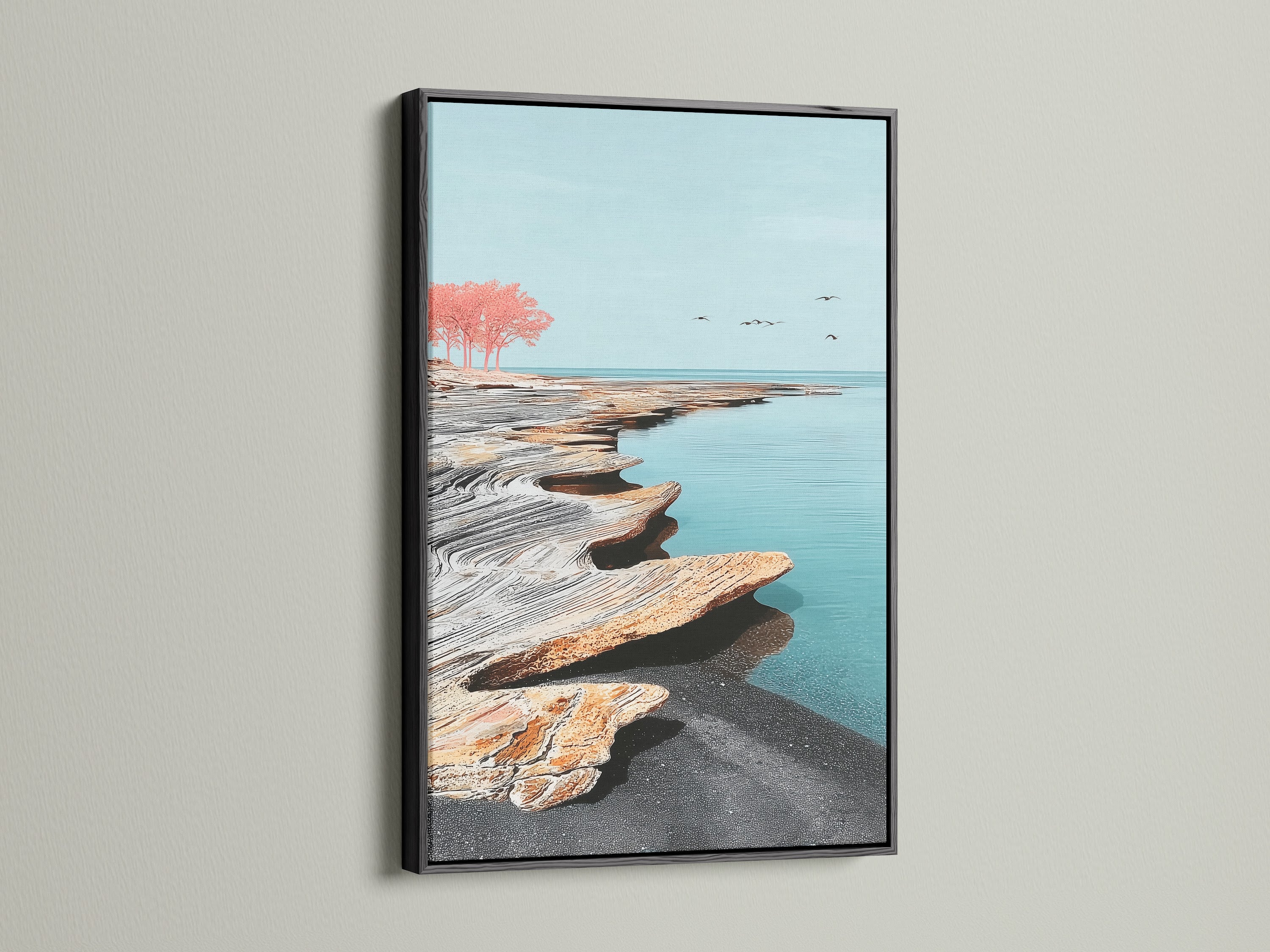 The image showcases a coastal seascape artwork framed in black. This modern minimalist piece features an abstract shoreline. The black frame adds a touch of elegance and sophistication. It is ideal for creating a zen atmosphere in any room. Consider it for your home or business.