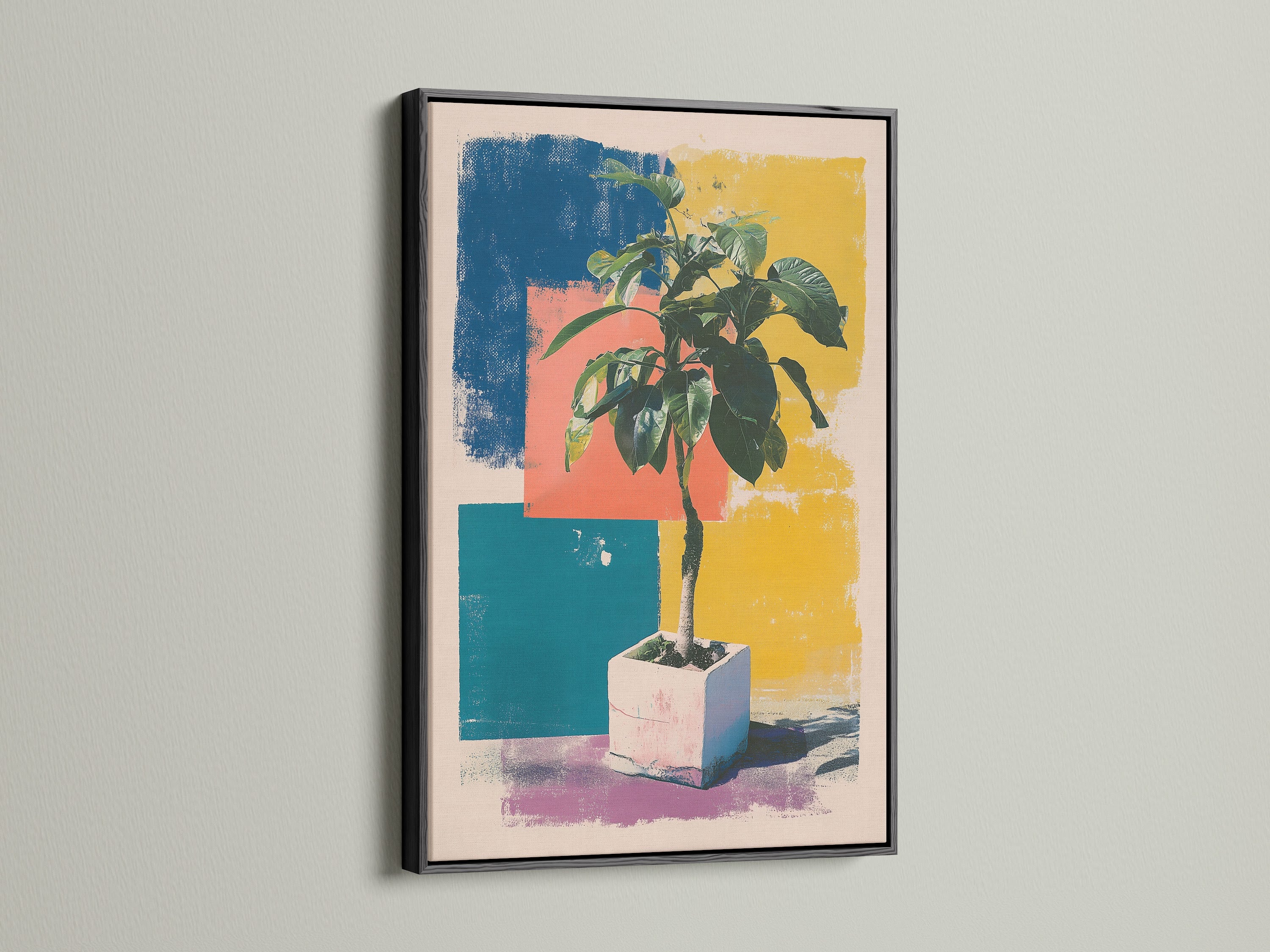 A bold plant artwork is elegantly displayed in a black frame. The artwork is mounted on a white wall. The black frame adds a touch of sophistication to the piece. Find the ideal black frame to complement your artwork. Enhance your interior with our framed art.