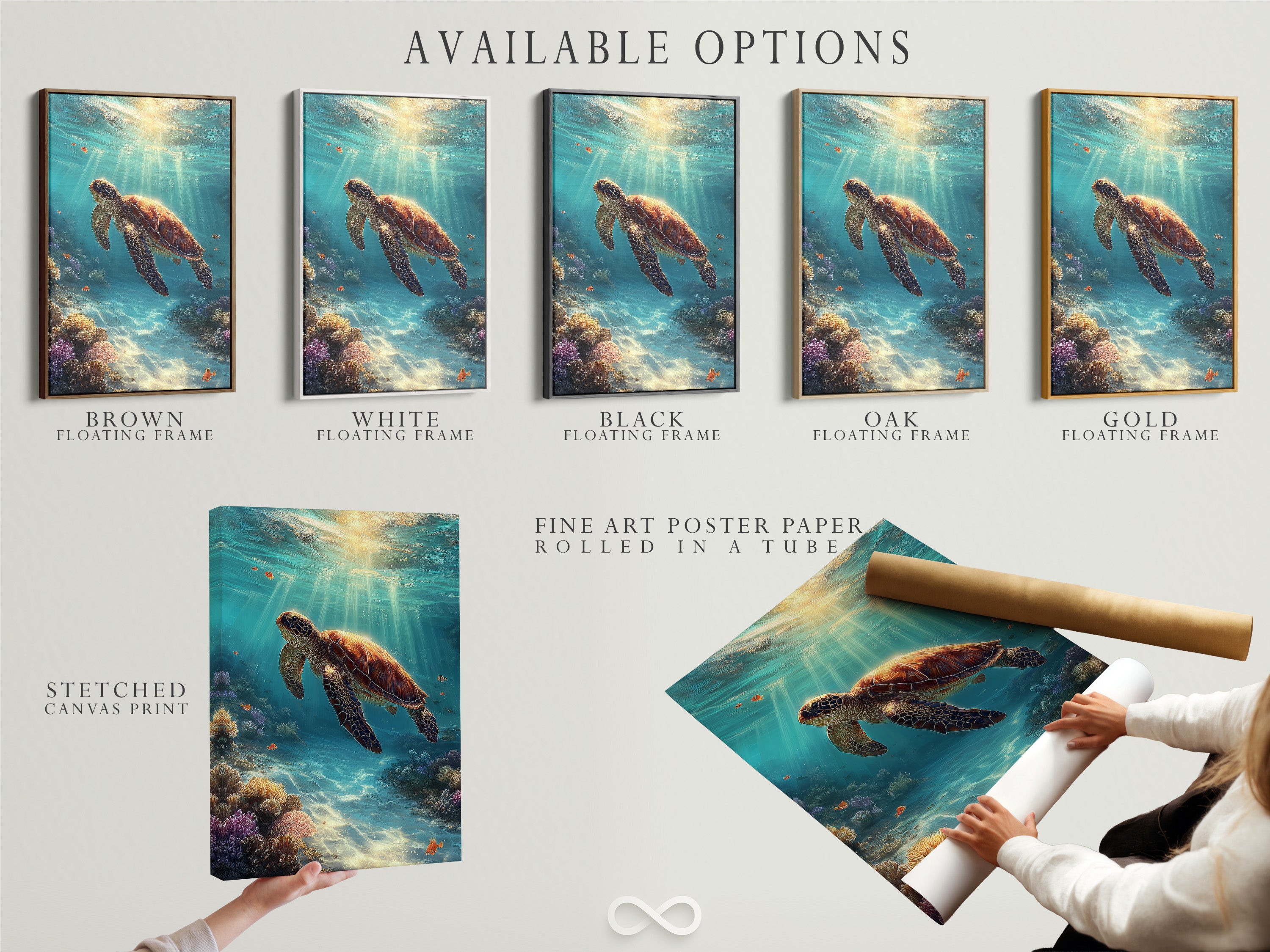 Available options include stretched canvas print fine art poster paper and floating frame. Customize your sea turtle artwork to match your style. Select the perfect medium for your ocean wall art needs. Create your ideal coastal decor.