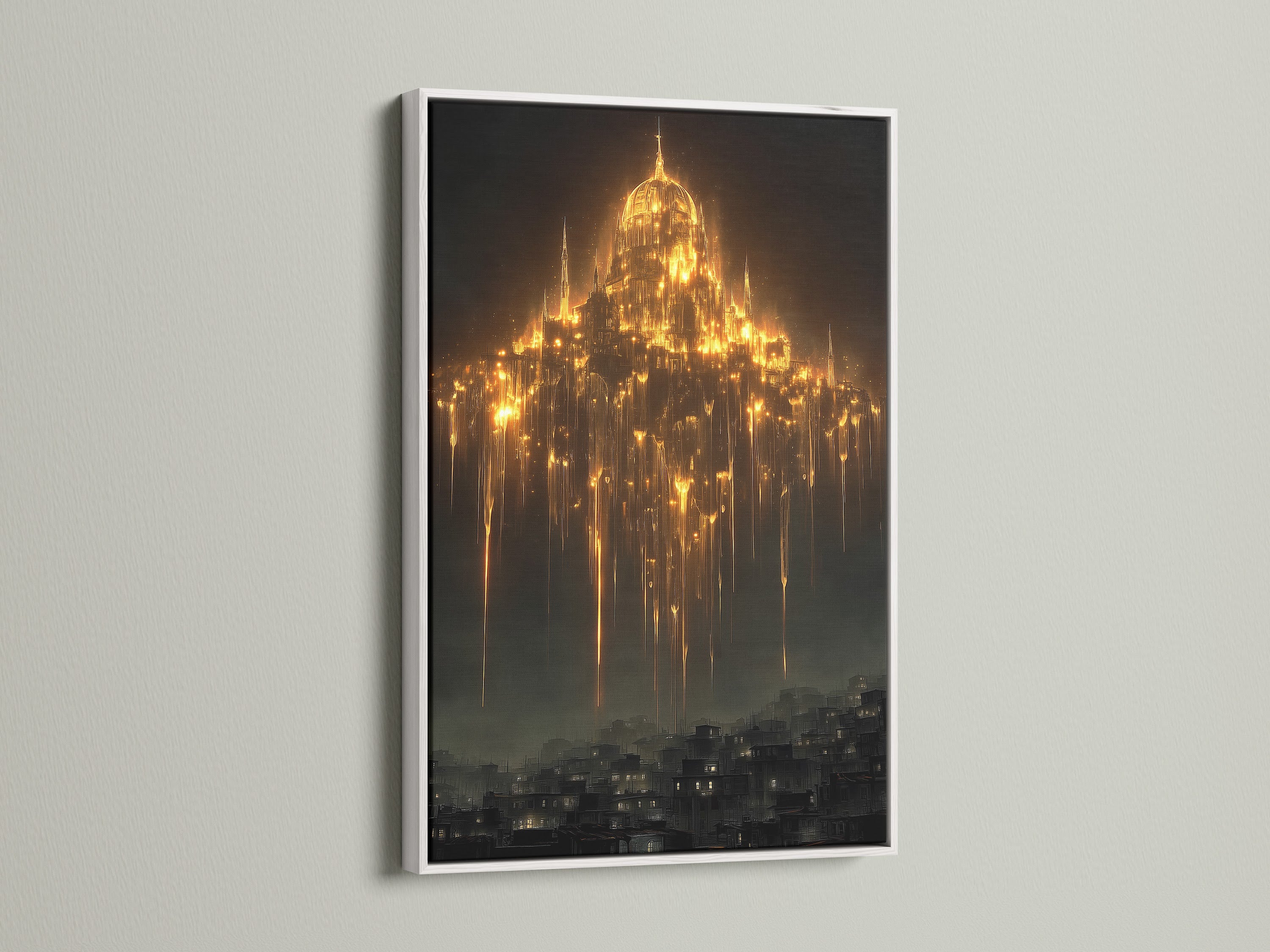 Here is a gothic cathedral art print displayed in a white frame. This mystical wall art enhances any room with dark academia decor. It's an amazing fantasy architecture piece featuring golden light art. A cathedral print adds gothic wall decor to your home. This artwork is the best