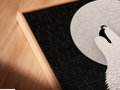 Get a close up view of the Wolf Howling at Moon canvas print. See the floating frame detail. This modern artwork adds a unique touch. The abstract animal art is perfect for any room. Black and white tones enhance your decor. Ideal for a contemporary or minimalist style.