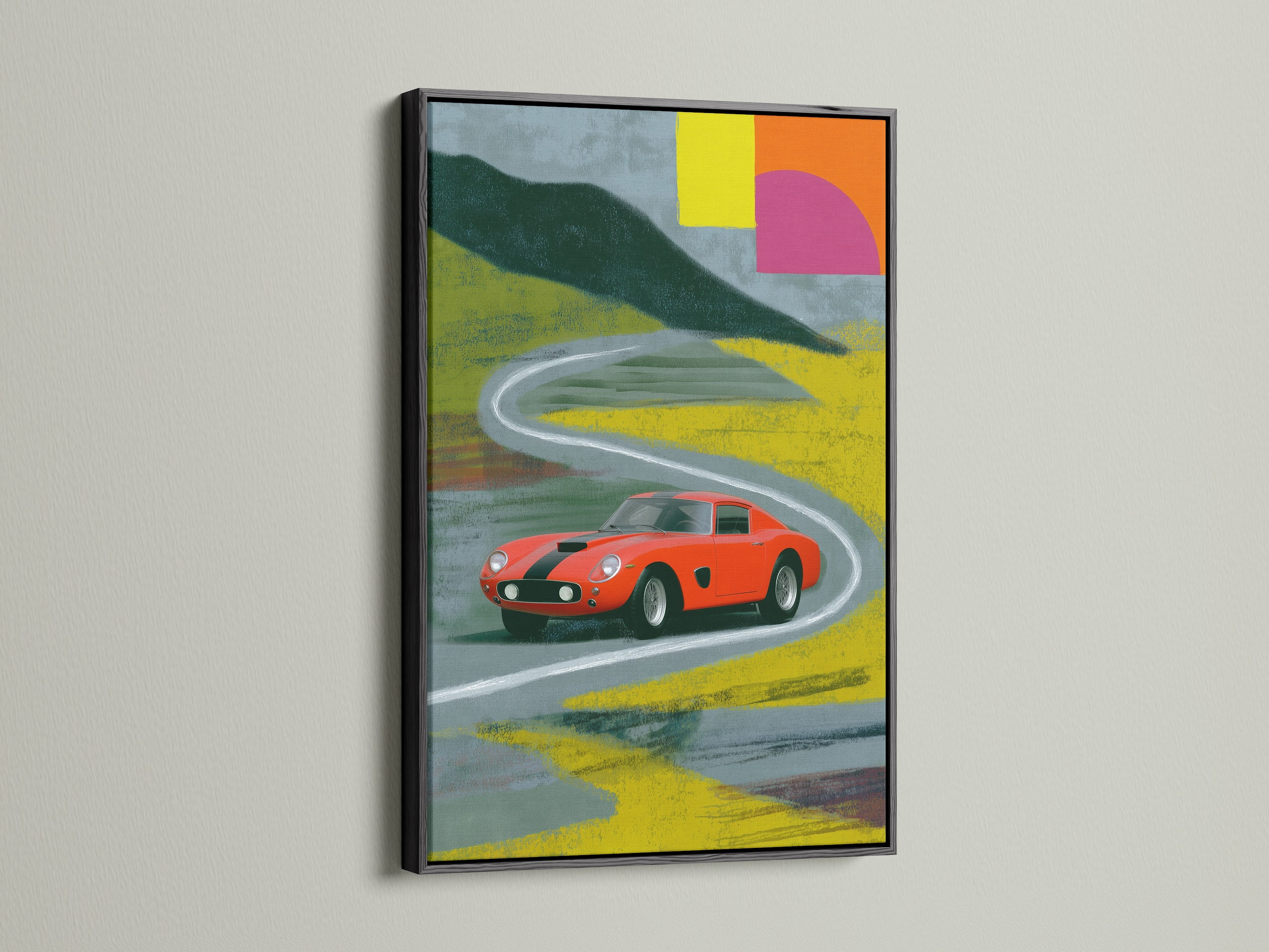 The black frame accentuates the vintage Ferrari artwork. The red sports car is a bold statement. This retro car artwork is great for man cave decor. An ideal choice for car collectors and mechanics alike.