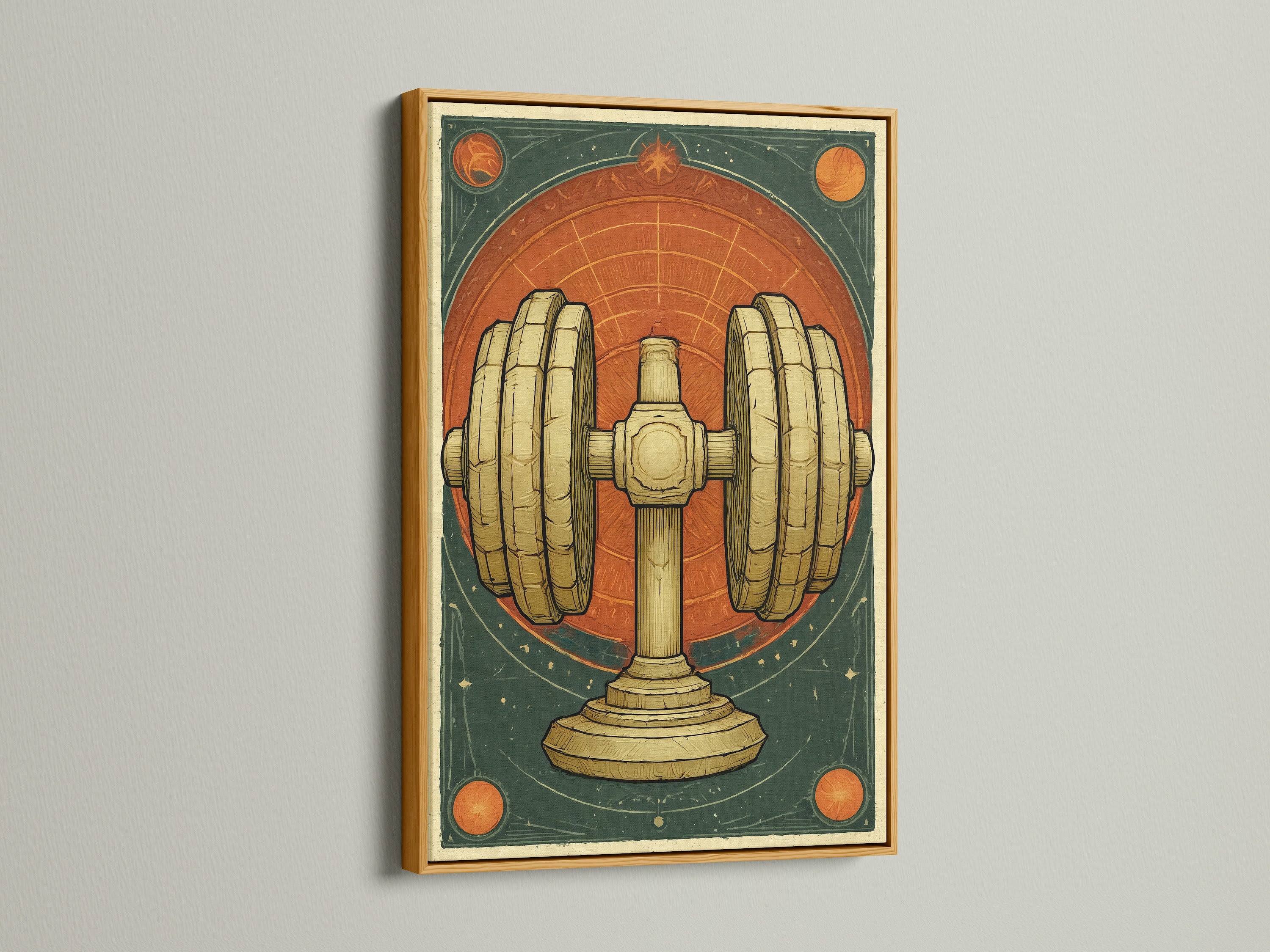 Vintage dumbbell art print with a luxurious gold frame. The artwork is displayed on a neutral wall. It adds a touch of elegance to the retro art deco design. Perfect for a home gym or fitness studio. This fitness wall art enhances any workout space. Elevate your decor with this unique and stylish vintage sports art.