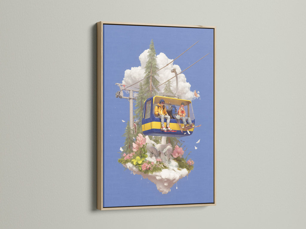 The Ski Lift Adventure artwork is showcased in an oak frame. This whimsical skiing print is ideal for kids room decor and playroom wall art. The alpine mountain wall decor adds a touch of winter sports art to any space. A perfect cable car print!