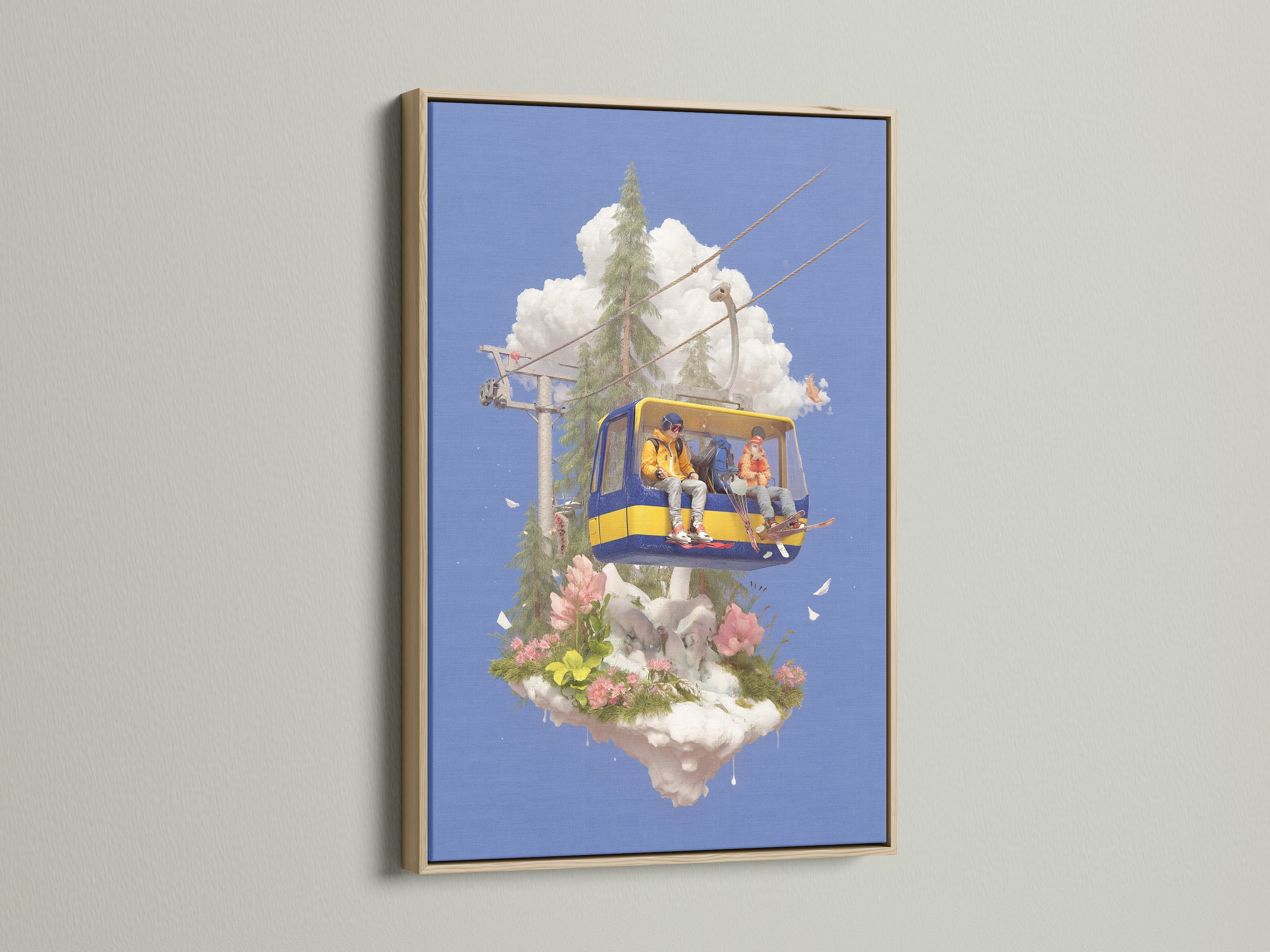 The Ski Lift Adventure artwork is showcased in an oak frame. This whimsical skiing print is ideal for kids room decor and playroom wall art. The alpine mountain wall decor adds a touch of winter sports art to any space. A perfect cable car print!