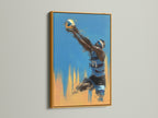 Volleyball Player Canvas Print with a gold frame. Adds a touch of luxury to your sports decor. The gold frame complements the blue and orange tones beautifully. Ideal for adding a sophisticated touch to any space.