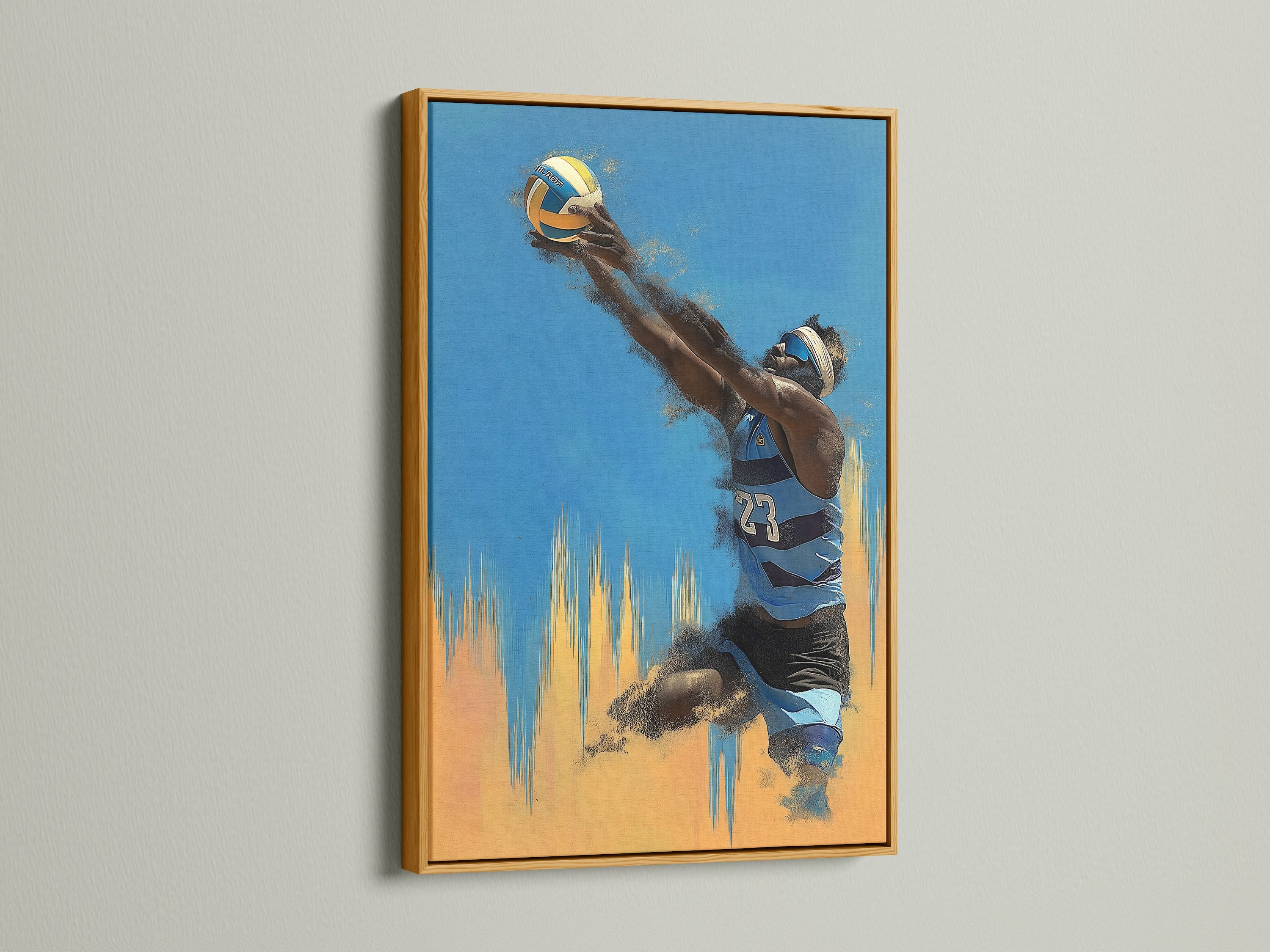 Volleyball Player Canvas Print with a gold frame. Adds a touch of luxury to your sports decor. The gold frame complements the blue and orange tones beautifully. Ideal for adding a sophisticated touch to any space.