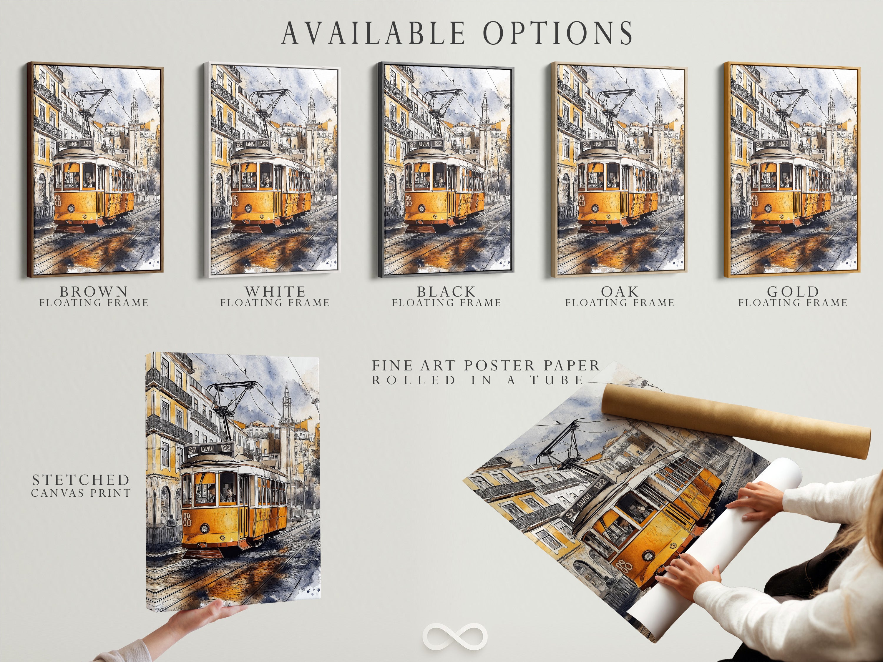 Explore available options for this vintage tram artwork including stretched canvas prints fine art poster paper and floating frames. Customize your Lisbon street scene to match your style. Perfect for adding a European touch to any room.