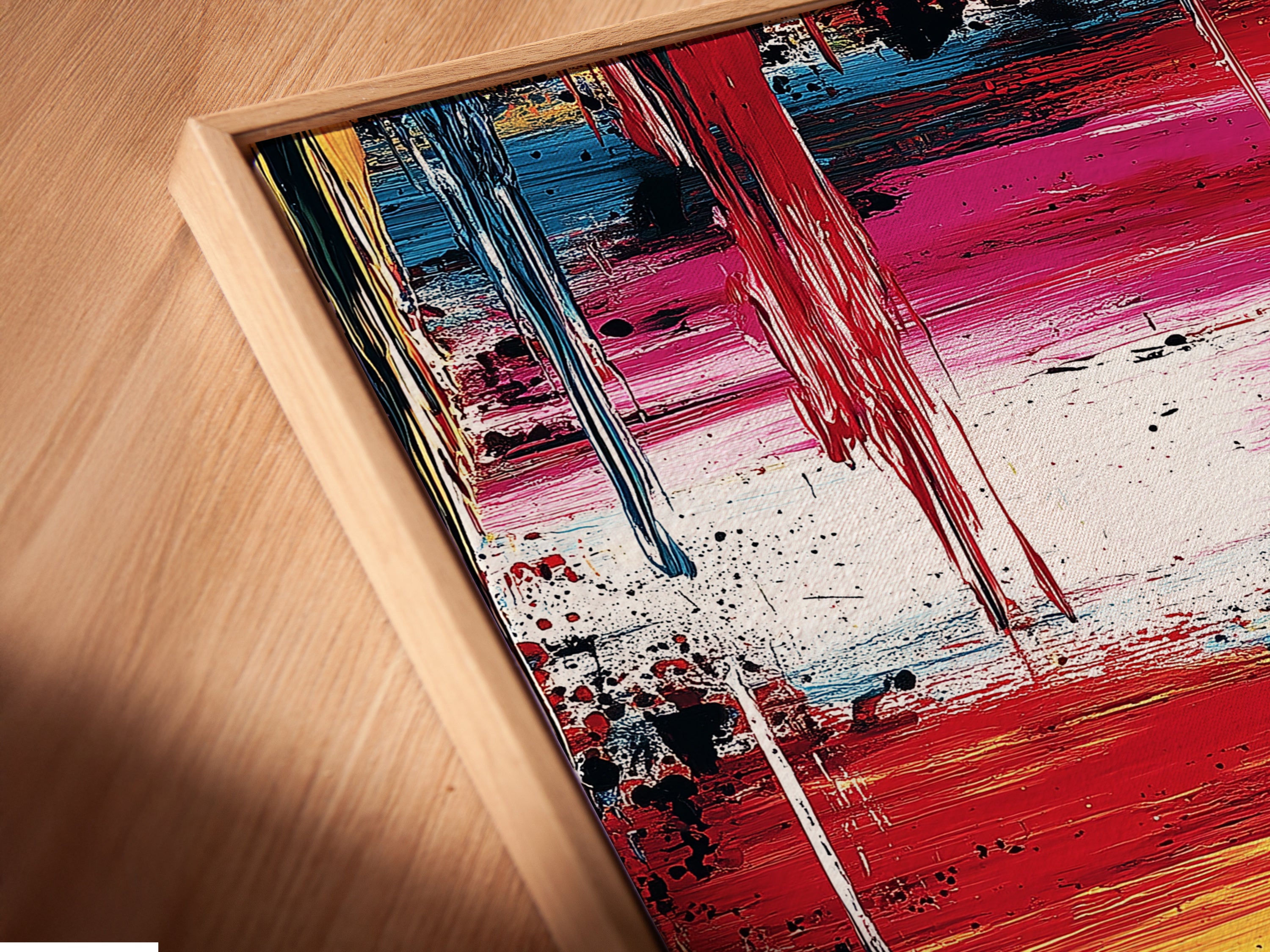 A close-up angled view of a canvas print displayed in a floating frame. The abstract artwork features expressive paint strokes. The floating frame enhances the modern aesthetic. It makes the colors pop. Ideal for contemporary spaces.