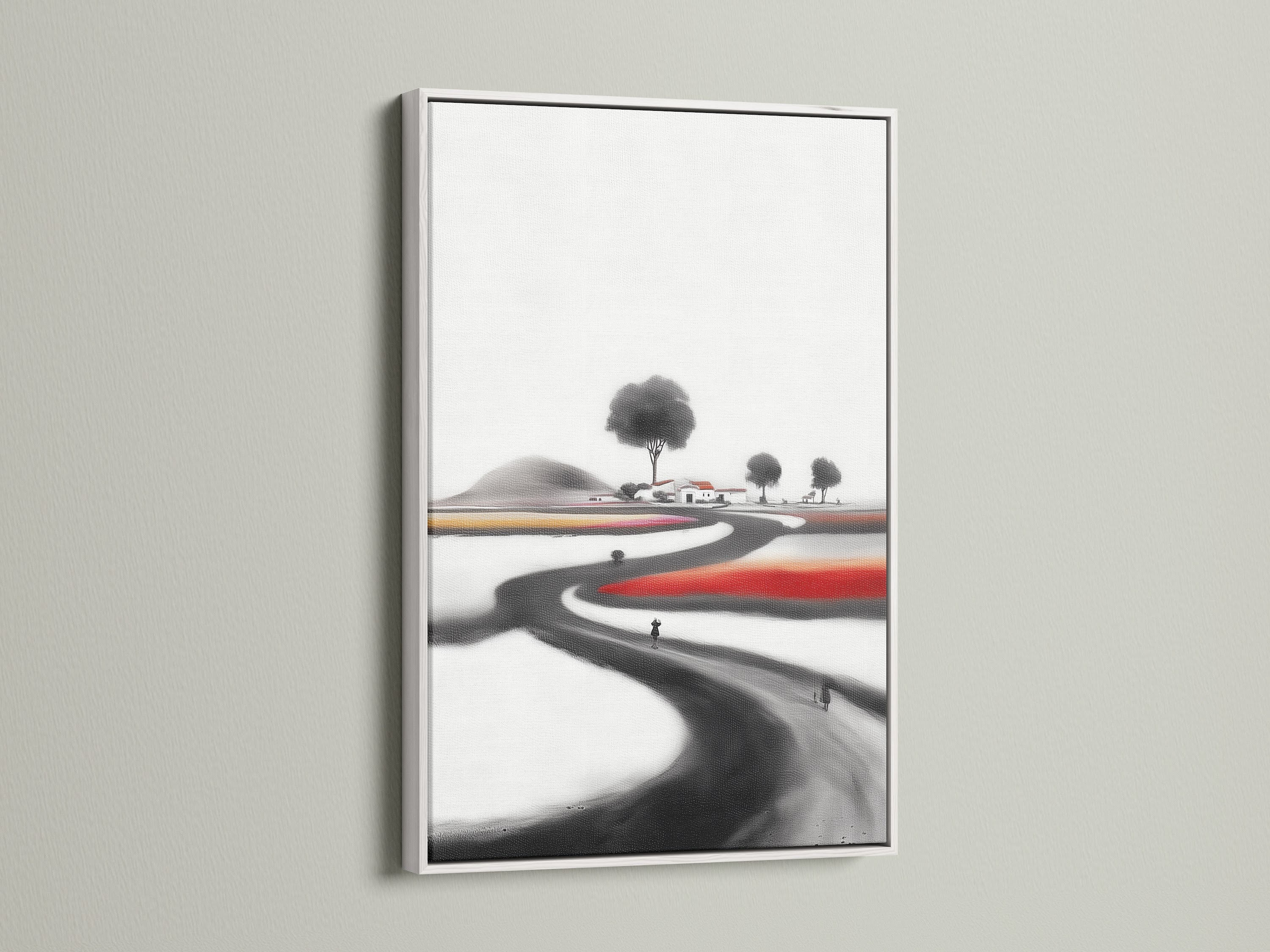 Ink Wash Landscape artwork in a white frame. This minimalist art features Asian-inspired elements. It creates a serene neutral wall art display. The white frame complements the calm art print. Perfect for adding a touch of zen to your space.
