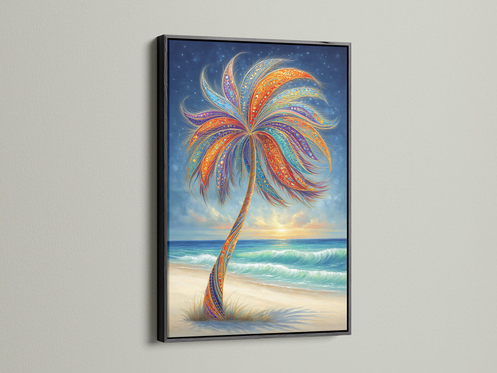 Tropical Palm Tree artwork in a black frame. The black frame adds a modern touch to the artwork. This bohemian beach wall art is perfect for a bedroom. Enhance your decor with this unique piece.