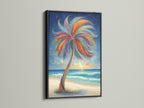 Tropical Palm Tree artwork in a black frame. The black frame adds a modern touch to the artwork. This bohemian beach wall art is perfect for a bedroom. Enhance your decor with this unique piece.