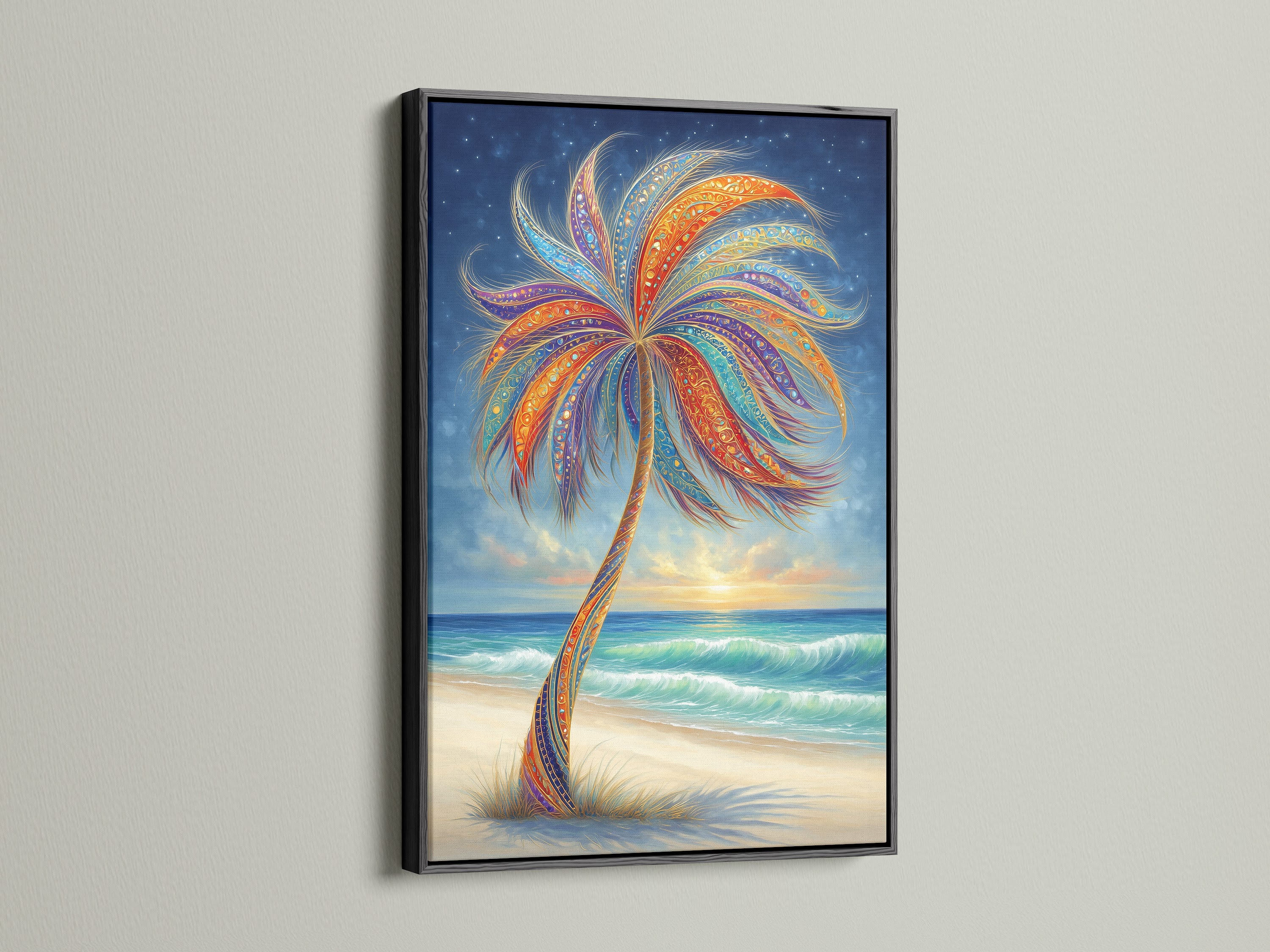 Tropical Palm Tree artwork in a black frame. The black frame adds a modern touch to the artwork. This bohemian beach wall art is perfect for a bedroom. Enhance your decor with this unique piece.