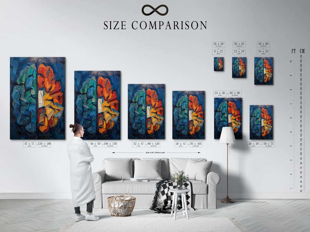 This size comparison chart shows the abstract brain art print in an interior setting. Visualize how this artwork fits in your space. Perfect for planning your wall decor. This neuroscience art is ideal for homes or clinics. Choose the perfect size for your space.