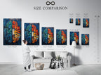 This size comparison chart shows the abstract brain art print in an interior setting. Visualize how this artwork fits in your space. Perfect for planning your wall decor. This neuroscience art is ideal for homes or clinics. Choose the perfect size for your space.