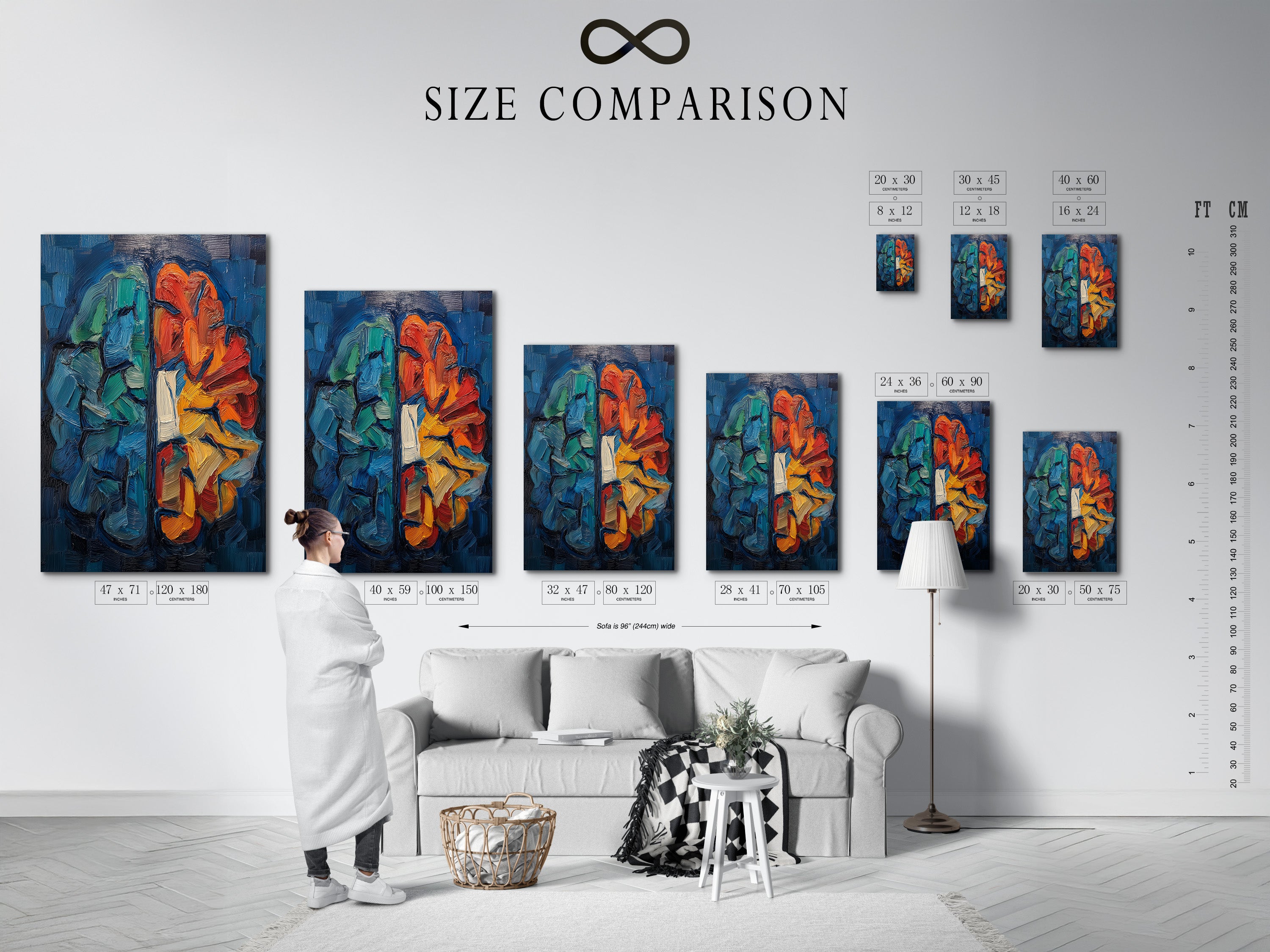 This size comparison chart shows the abstract brain art print in an interior setting. Visualize how this artwork fits in your space. Perfect for planning your wall decor. This neuroscience art is ideal for homes or clinics. Choose the perfect size for your space.