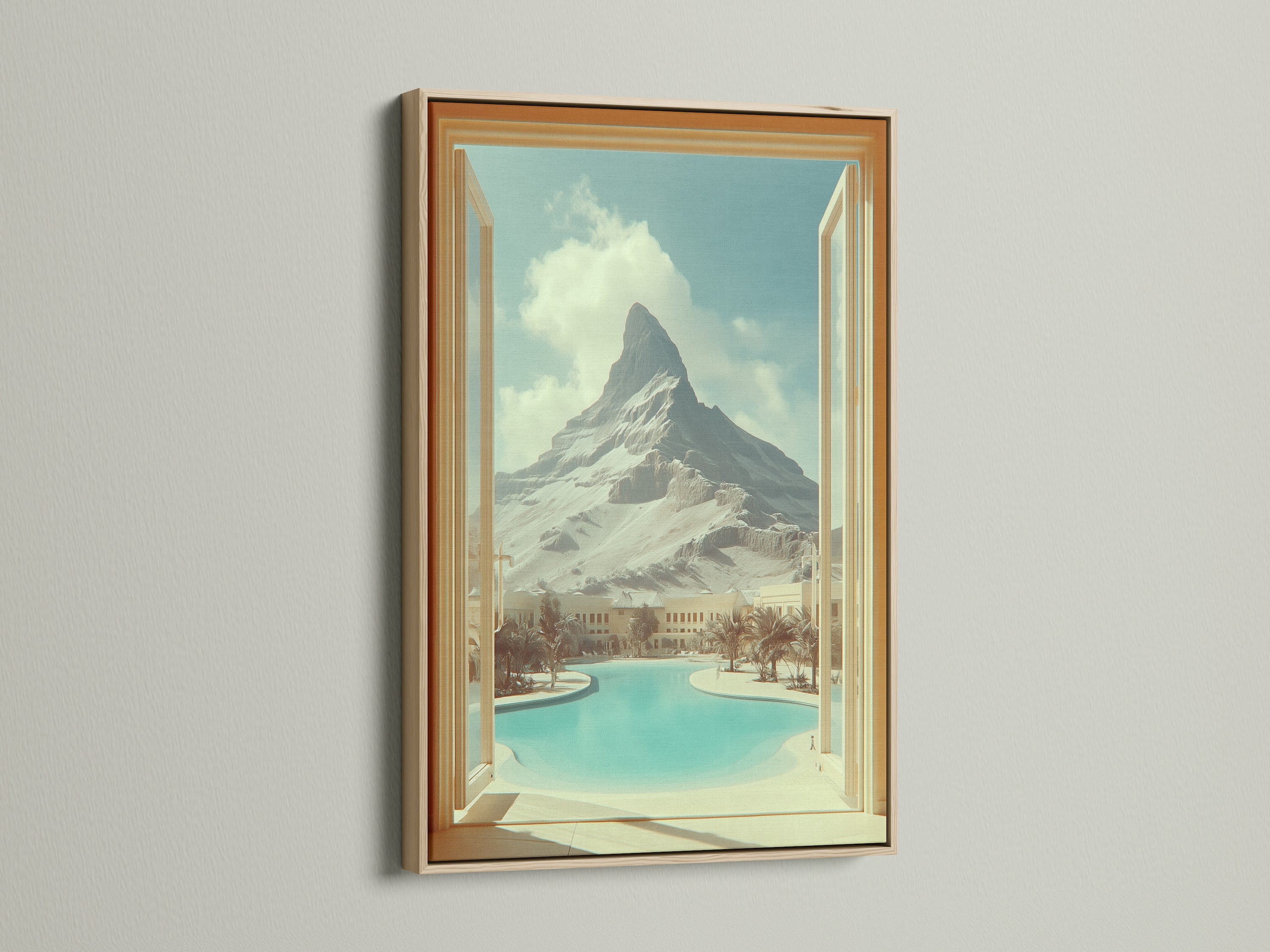 Oak frame featuring mountain view artwork. This piece creates an open window effect to a desert oasis. Ideal for living room wall art or bedroom decor. This travel scenery print adds vacation vibes to any space. Bring scenic artwork into your home.