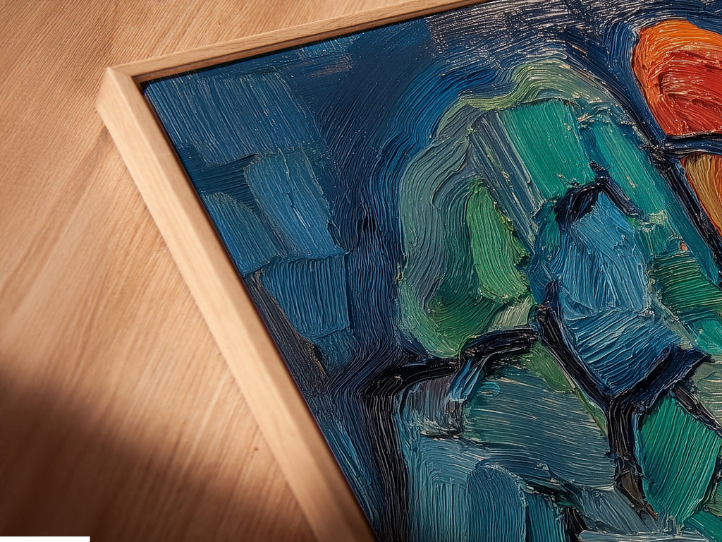 Close-up angled view of a canvas print in a floating frame. The abstract brain art pops with vibrant colors. The frame gives the artwork a modern gallery look. Perfect for psychology wall art in offices or homes. Elevate your space with this unique piece.