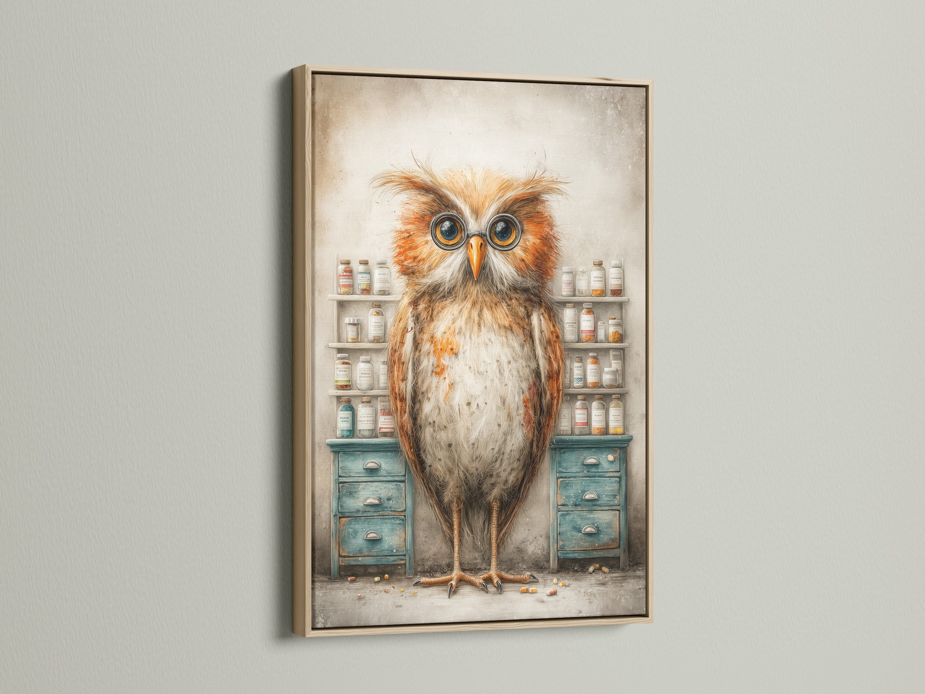 Vintage pharmacy art featuring an owl in an oak frame. The rustic style and brown primary color enhance the artwork. Ideal for adding a touch of whimsy to your office or study room. Perfect for professionals and academics. This owl artwork combines animal themes with pharmacy decor.