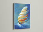 Abstract sailboat artwork is showcased in a white frame. The coastal wall art brightens up the room. A white frame enhances the artwork's navy blue and gold colors. This nautical print is ideal for modern interiors. It provides a fresh ocean theme to your home decor.
