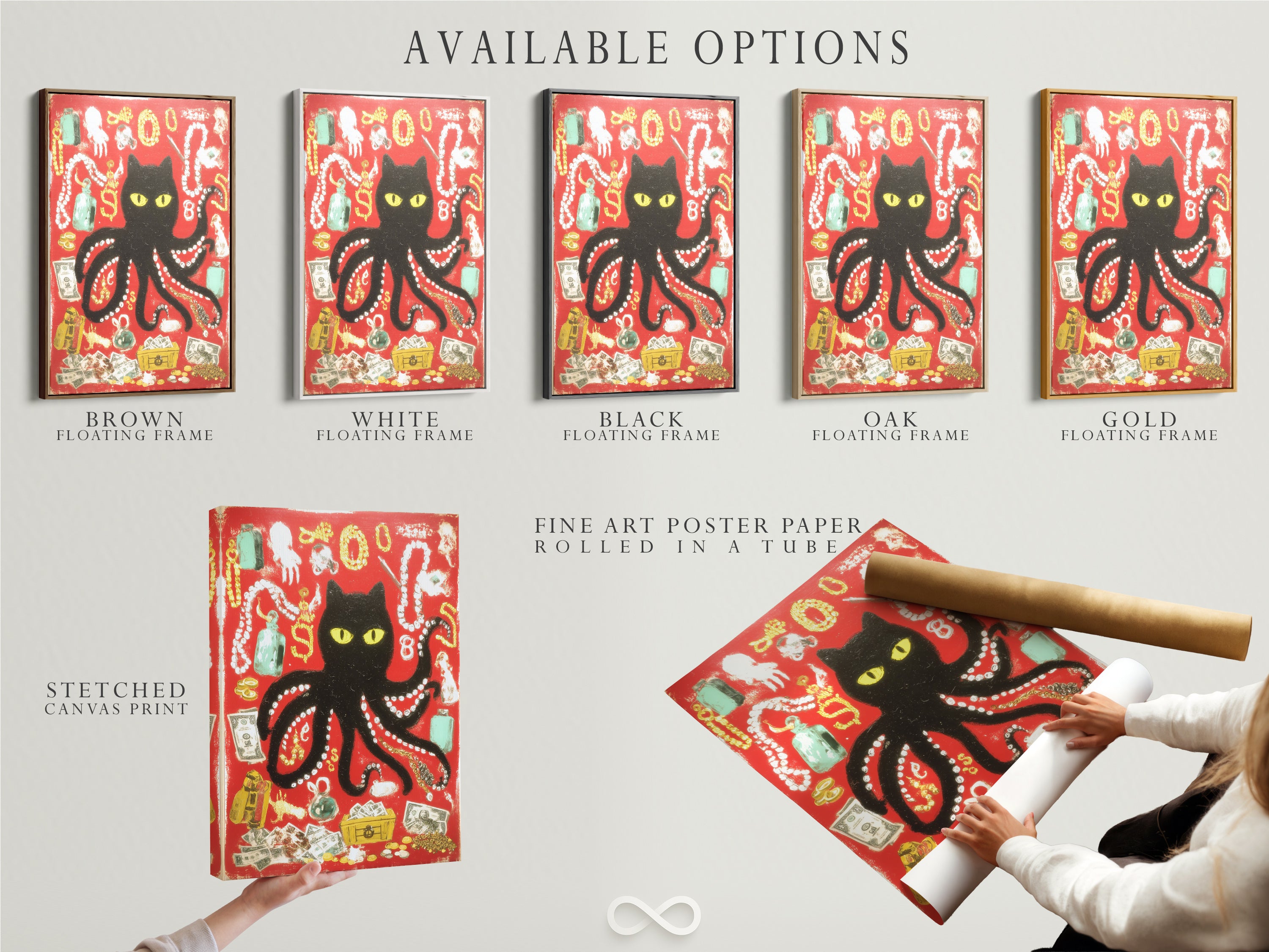 Available options for black cat octopus art. Choose from stretched canvas prints fine art poster paper or floating frames. Customize your artwork to match your style. Find your perfect art.