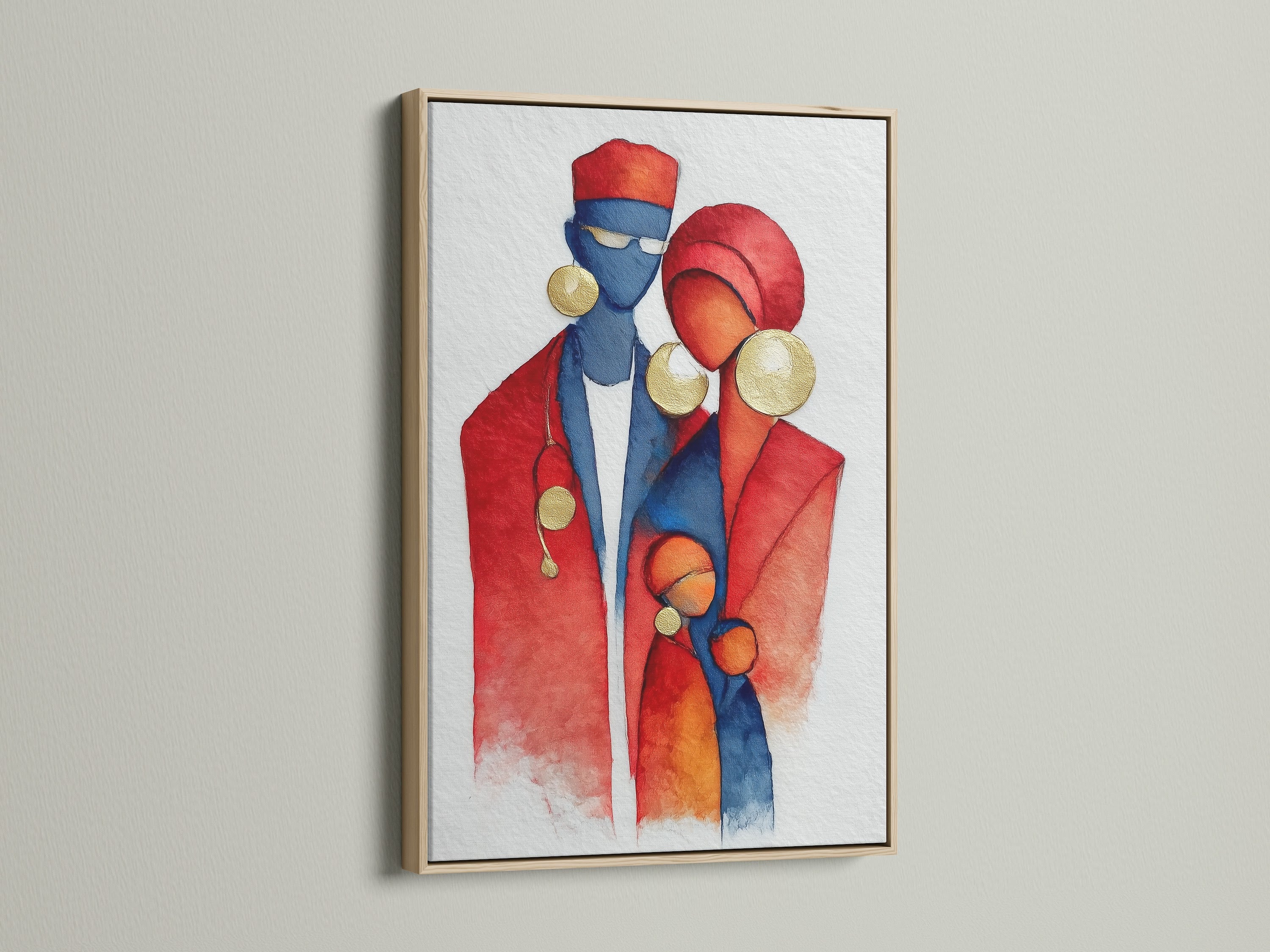 This is an oak frame showcasing an African family art print. The watercolor technique brings a modern touch. Red and blue colors highlight the cultural artwork. The family portrait art enhances office wall decor. Consider this ethnic wall decor.