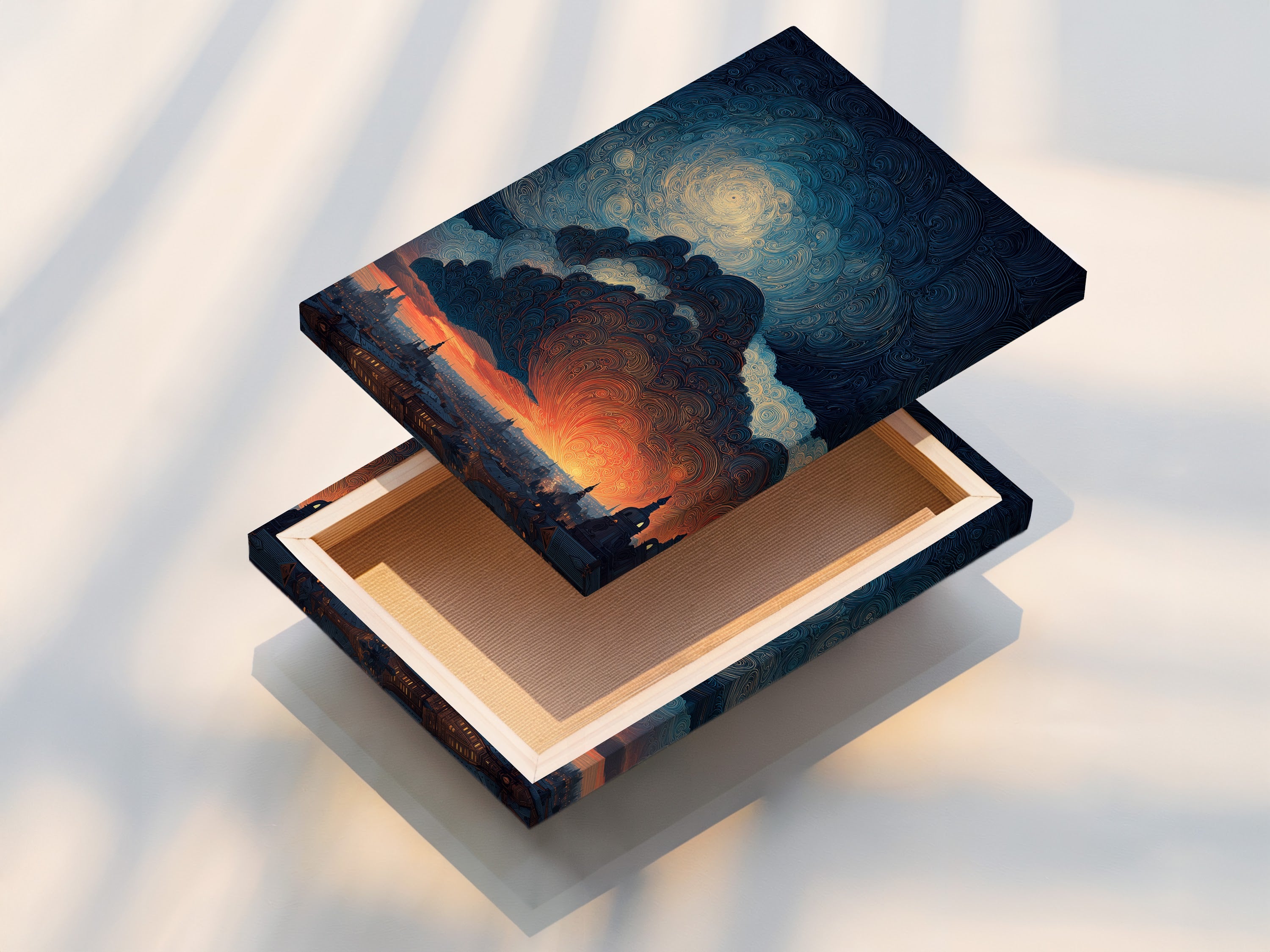 A stretched canvas print of the Swirling Sky artwork. The canvas print brings the dramatic swirling sky and cityscape to life. The texture of the canvas enhances the artwork's depth. This is perfect for adding a contemporary touch to any room. It is ready to hang and enjoy.