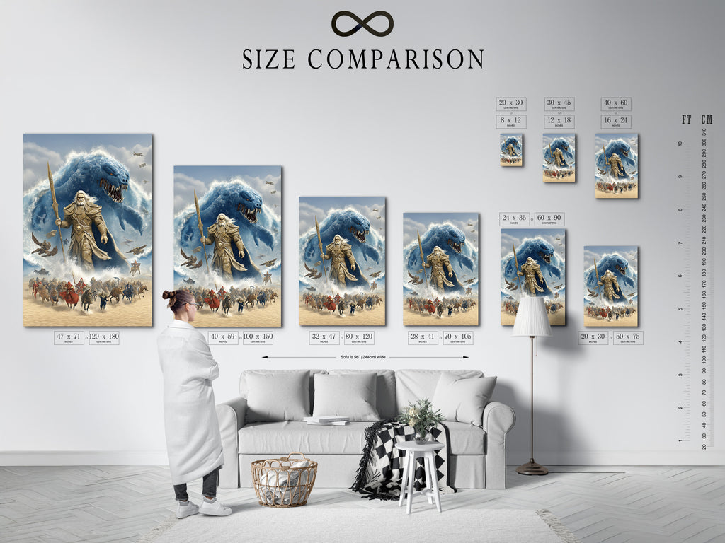 A size comparison chart in an interior setting. It showcases the available sizes for the Norse Mythology Wall Artwork. The artwork is a Poseidon Sea God Canvas Print. Visualize the perfect fit for your space with this helpful guide.