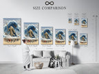 A size comparison chart in an interior setting. It showcases the available sizes for the Norse Mythology Wall Artwork. The artwork is a Poseidon Sea God Canvas Print. Visualize the perfect fit for your space with this helpful guide.