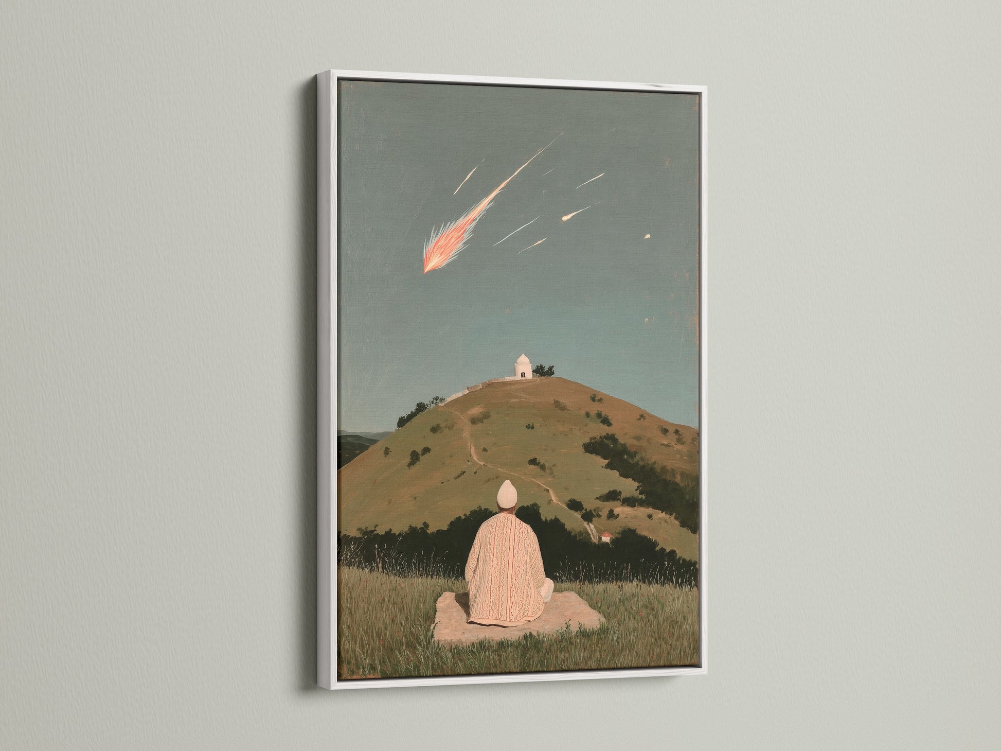 This shooting star artwork looks amazing in a white frame. The celestial decor enhances any room. This serene landscape creates a zen atmosphere. It's perfect for living rooms bedrooms meditation rooms yoga studios lobbies and wellness centers.