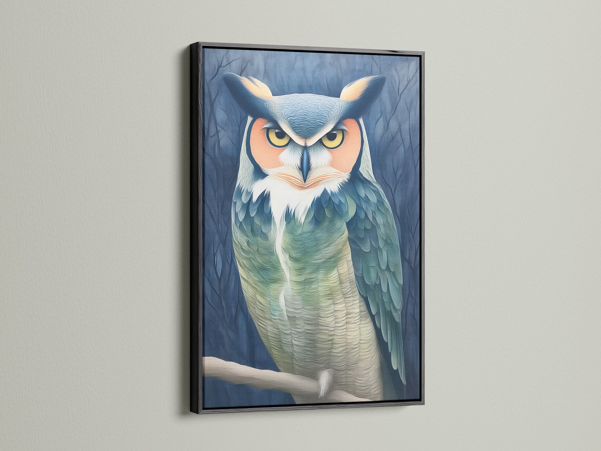 This striking owl portrait canvas print is set in a black frame. The moody bird wall art creates a focal point in any room. Teal and beige tones enhance the animal artwork. Great addition to a study room or library wall decor.
