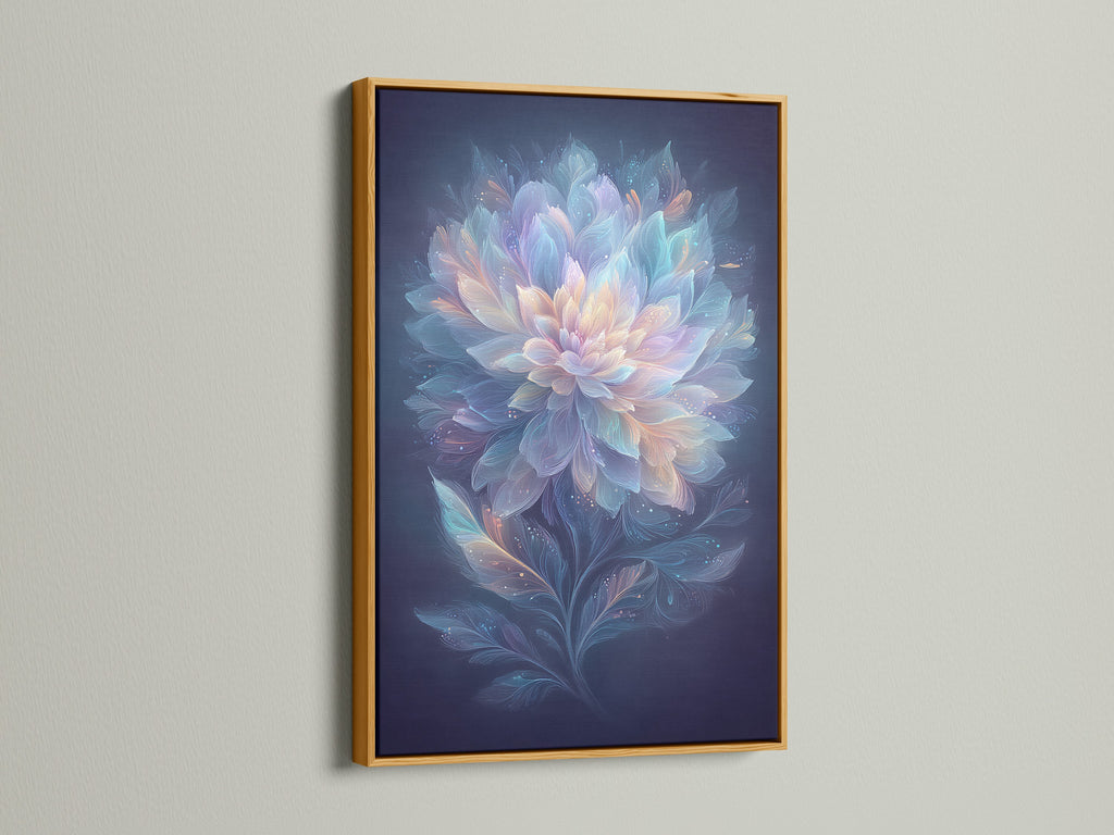 Ethereal Flower artwork is presented in a gold frame. This pastel blue and pink wall art brings a touch of elegance. The dreamy botanical artwork is perfect for living rooms. It will elevate your home decor.