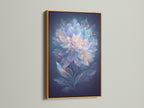 Ethereal Flower artwork is presented in a gold frame. This pastel blue and pink wall art brings a touch of elegance. The dreamy botanical artwork is perfect for living rooms. It will elevate your home decor.