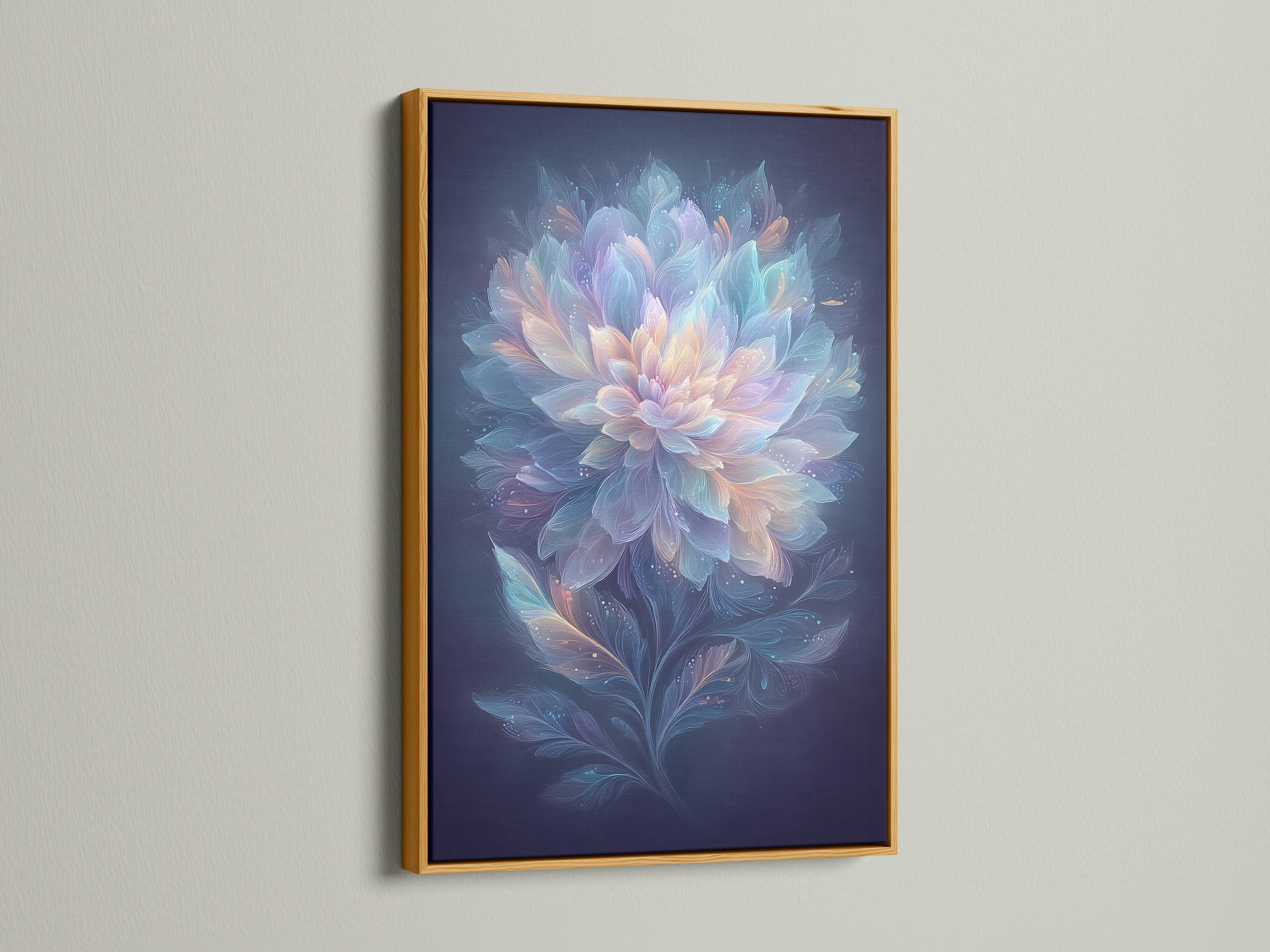 Ethereal Flower artwork is presented in a gold frame. This pastel blue and pink wall art brings a touch of elegance. The dreamy botanical artwork is perfect for living rooms. It will elevate your home decor.