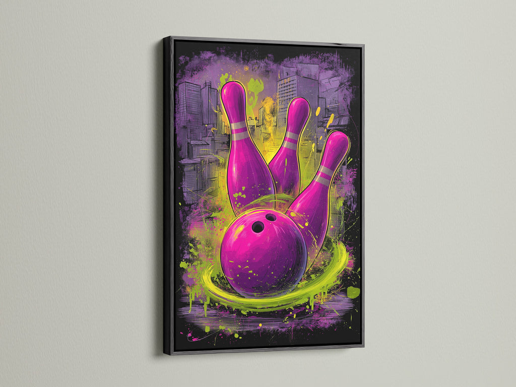 Bowling art in a black frame is displayed. The purple and green graffiti art print makes a bold statement. Ideal for a game room or man cave. The black frame enhances the urban sports wall decor. This canvas print adds a modern edge to any room.