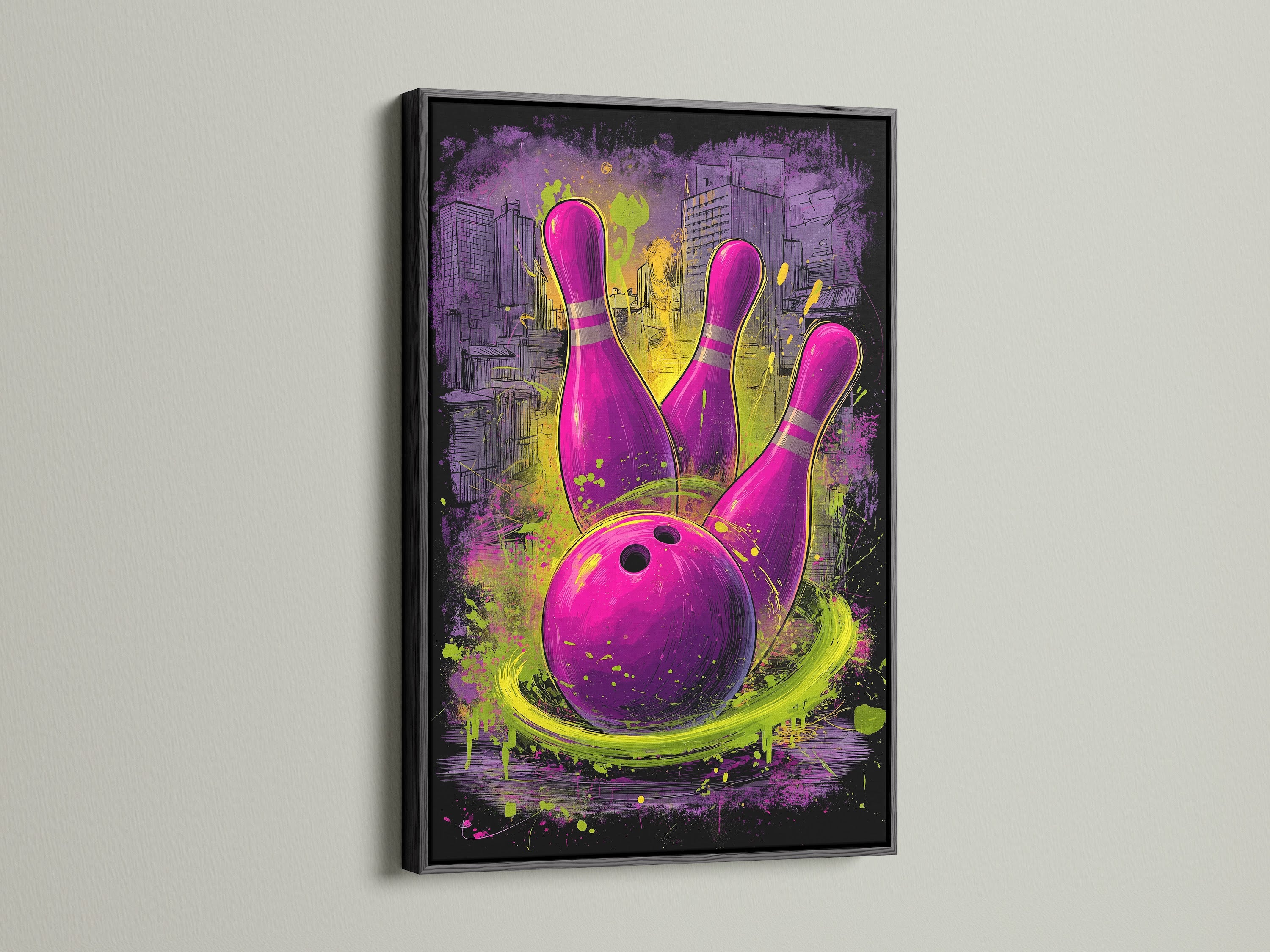 Bowling art in a black frame is displayed. The purple and green graffiti art print makes a bold statement. Ideal for a game room or man cave. The black frame enhances the urban sports wall decor. This canvas print adds a modern edge to any room.