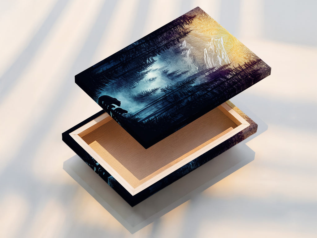 This stretched canvas print features the Bear Family artwork. The mountain forest scene wraps around the frame. Ready to hang nature wall art enhances any room. No frame needed for this stunning piece.