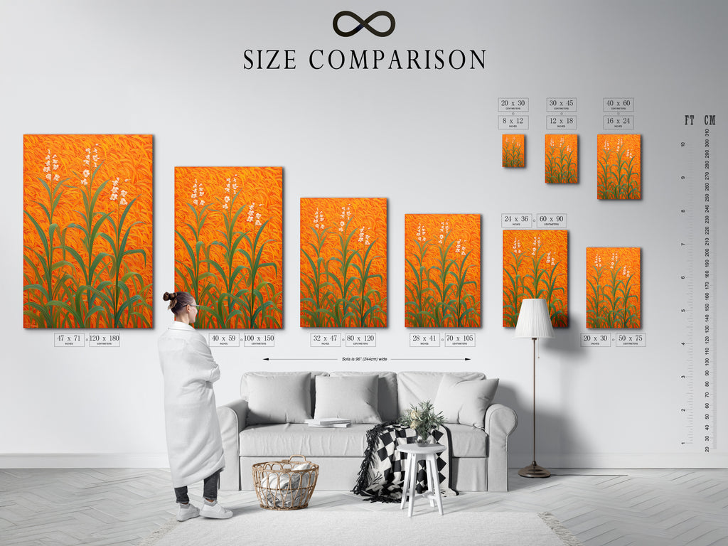 A size comparison chart displayed in an interior setting. The chart showcases various sizes of floral field canvas artwork. The artwork features an orange botanical theme. This modern plant artwork is perfect for entryway wall decor. Visualize the ideal fit for your living room bedroom or office.