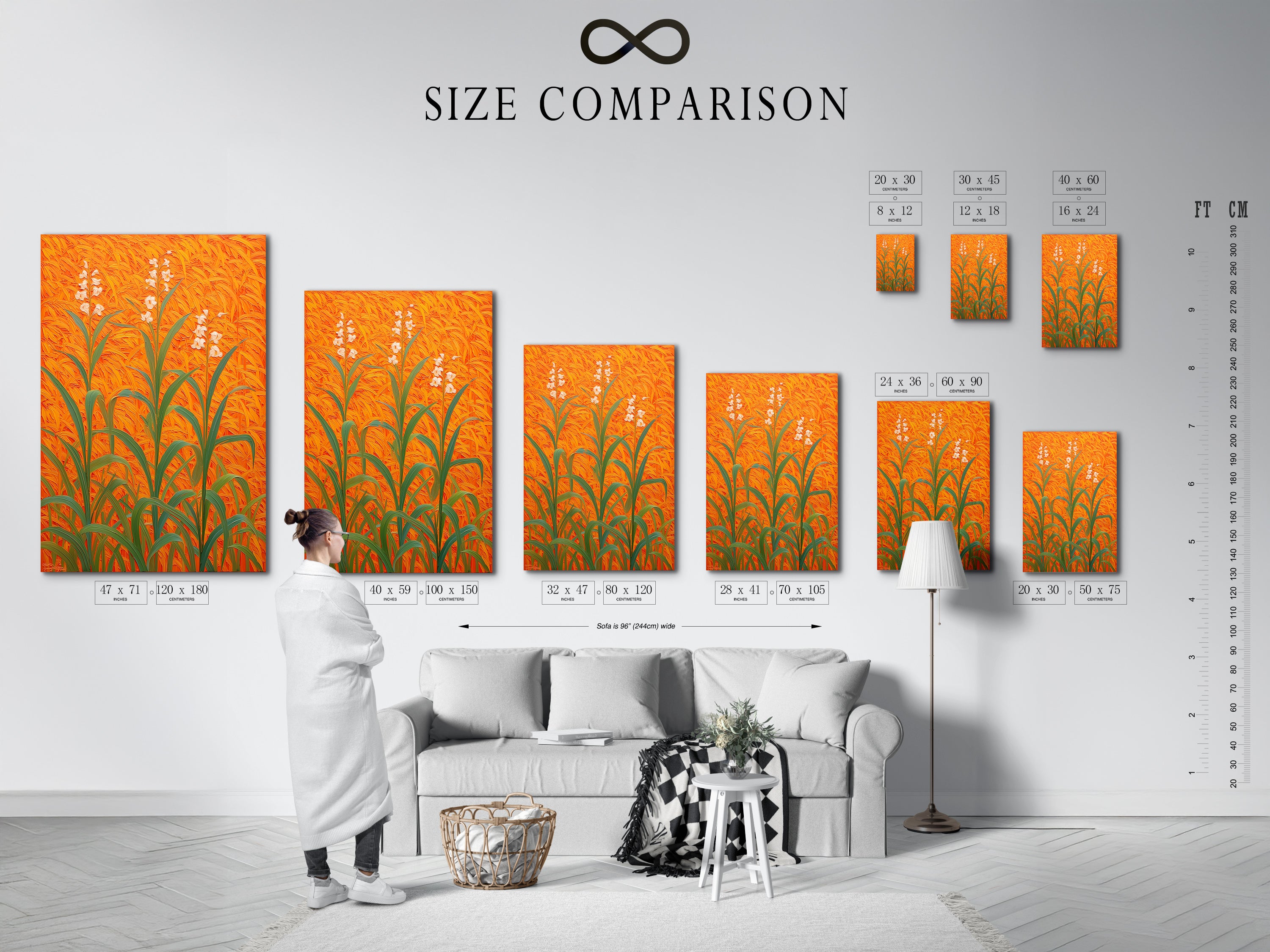 A size comparison chart displayed in an interior setting. The chart showcases various sizes of floral field canvas artwork. The artwork features an orange botanical theme. This modern plant artwork is perfect for entryway wall decor. Visualize the ideal fit for your living room bedroom or office.