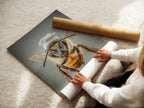 A woman rolls a fine art poster paper featuring Chef Bee. This highlights the care in production. This quirky kitchen artwork is ready for framing. It's a whimsical bee print for any space. The fine art paper ensures quality.