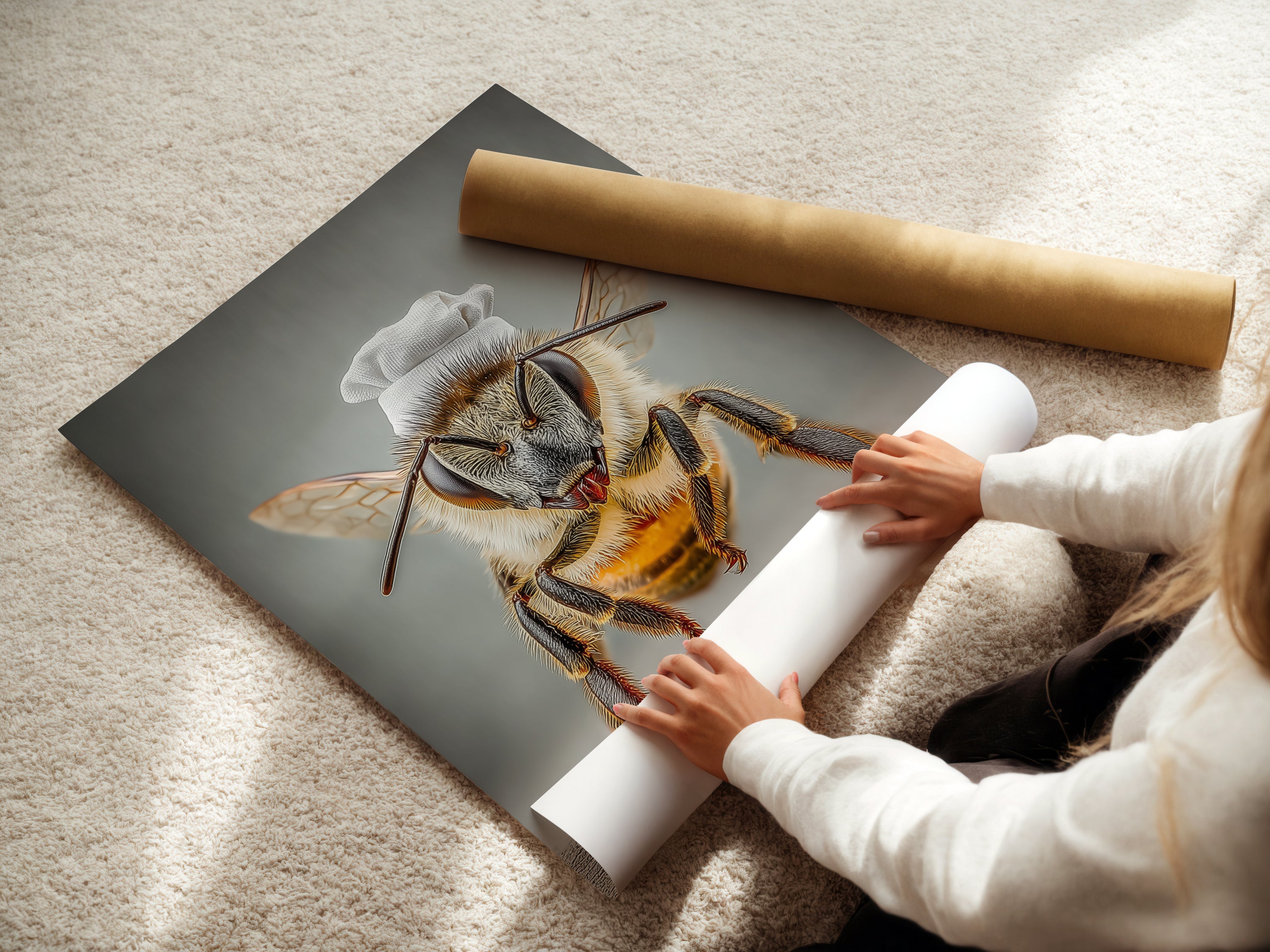 A woman rolls a fine art poster paper featuring Chef Bee. This highlights the care in production. This quirky kitchen artwork is ready for framing. It's a whimsical bee print for any space. The fine art paper ensures quality.