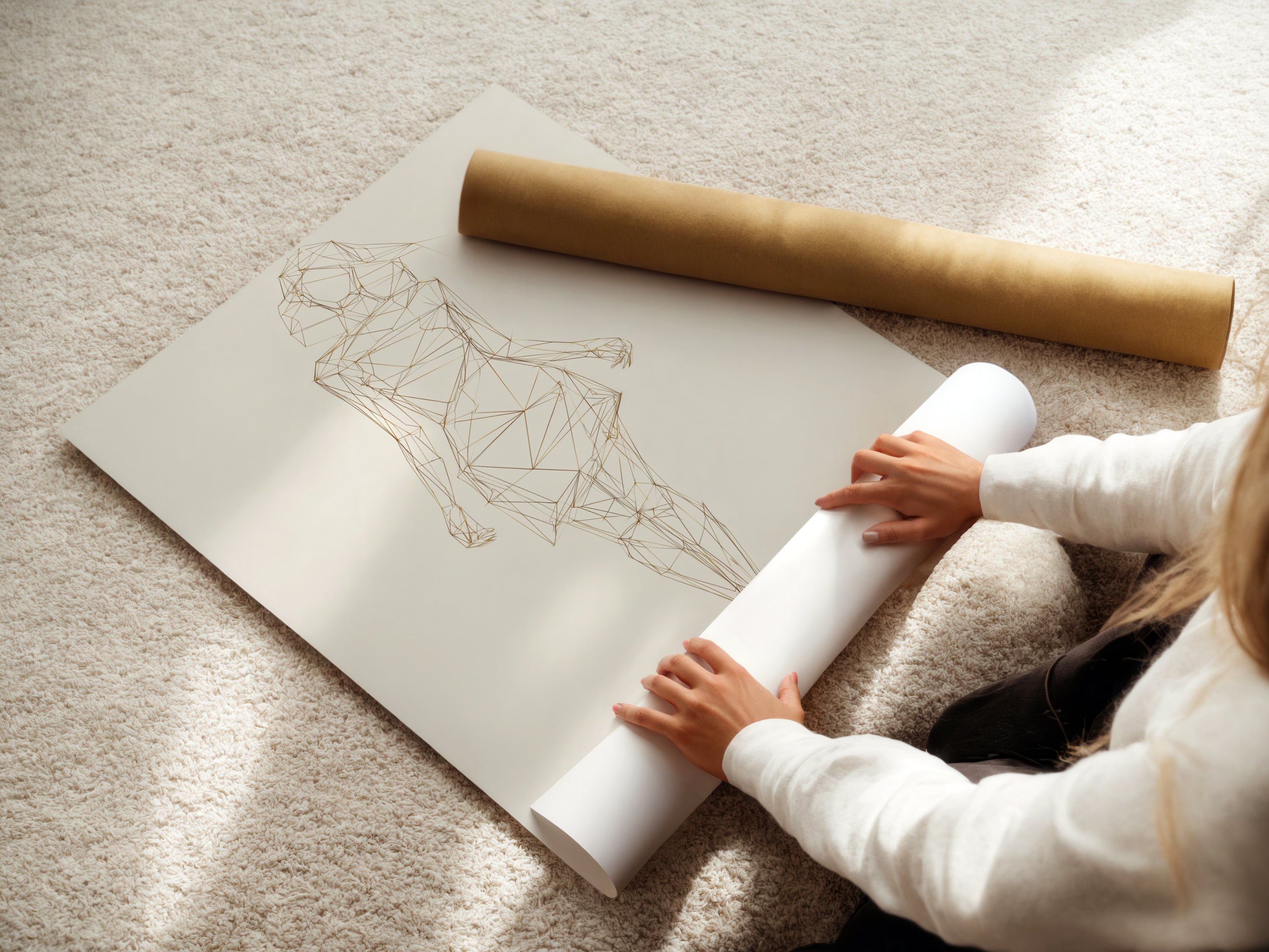 A woman is carefully rolling a fine art poster paper. This highlights the care and quality in our prints.  Geometric Woman art is available on fine art paper. Our minimalist line drawing is modern fashion sketch artwork. Enhance your space with refined contemporary wall decor