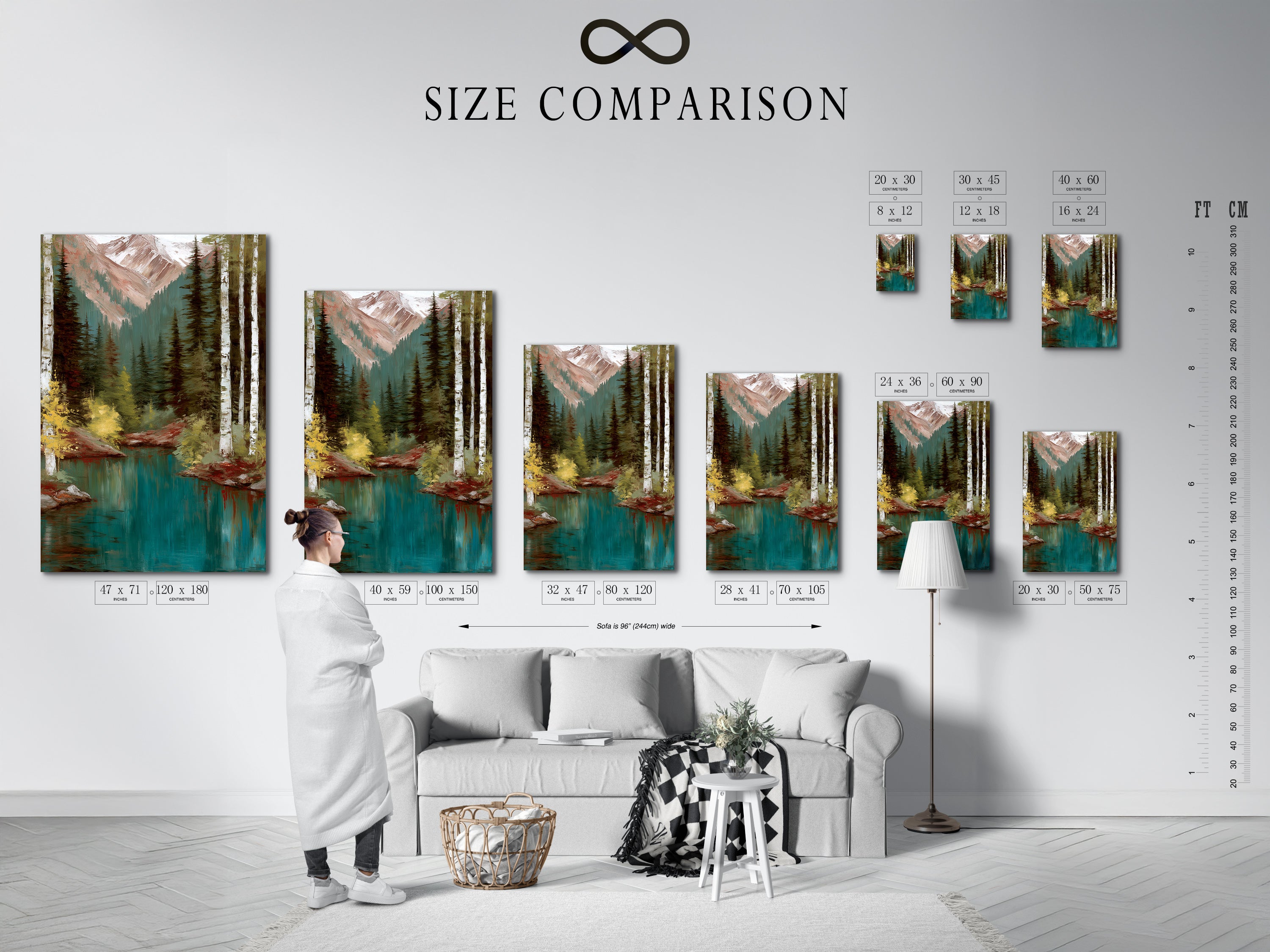 Size comparison chart in an interior setting featuring the Mountain Lake artwork. The artwork depicts a tranquil teal lake with surrounding birch trees and mountains. The chart helps visualize the artwork's dimensions in a home setting. Ideal for planning your wall decoration. Choose the perfect size for your space.